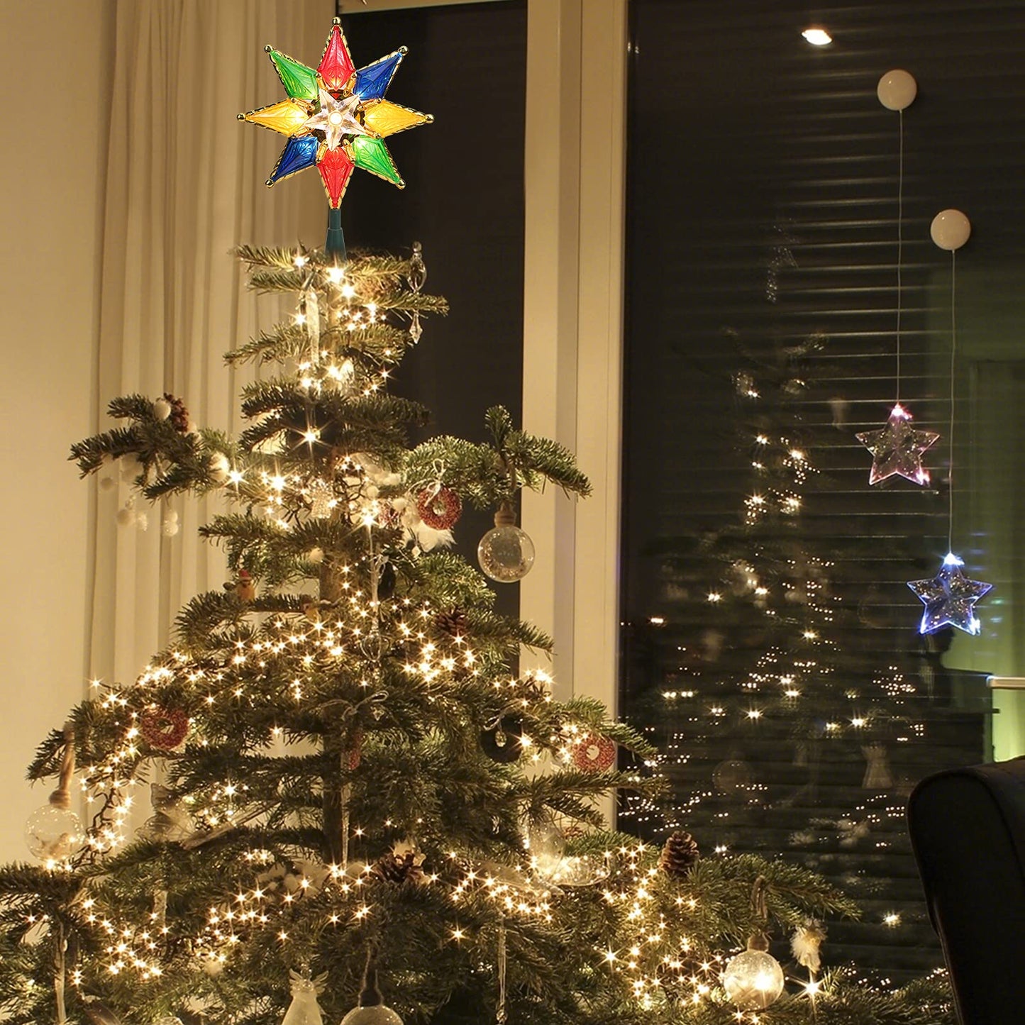 Brizled Christmas Star Tree Topper, 8" Lighted Double-Sided Christmas Tree Topper, 8-Point Multi Color Xmas Tree Topper with 10 Warm Lights, 120V UL Certified Tree Star for Christmas Tree Party Home