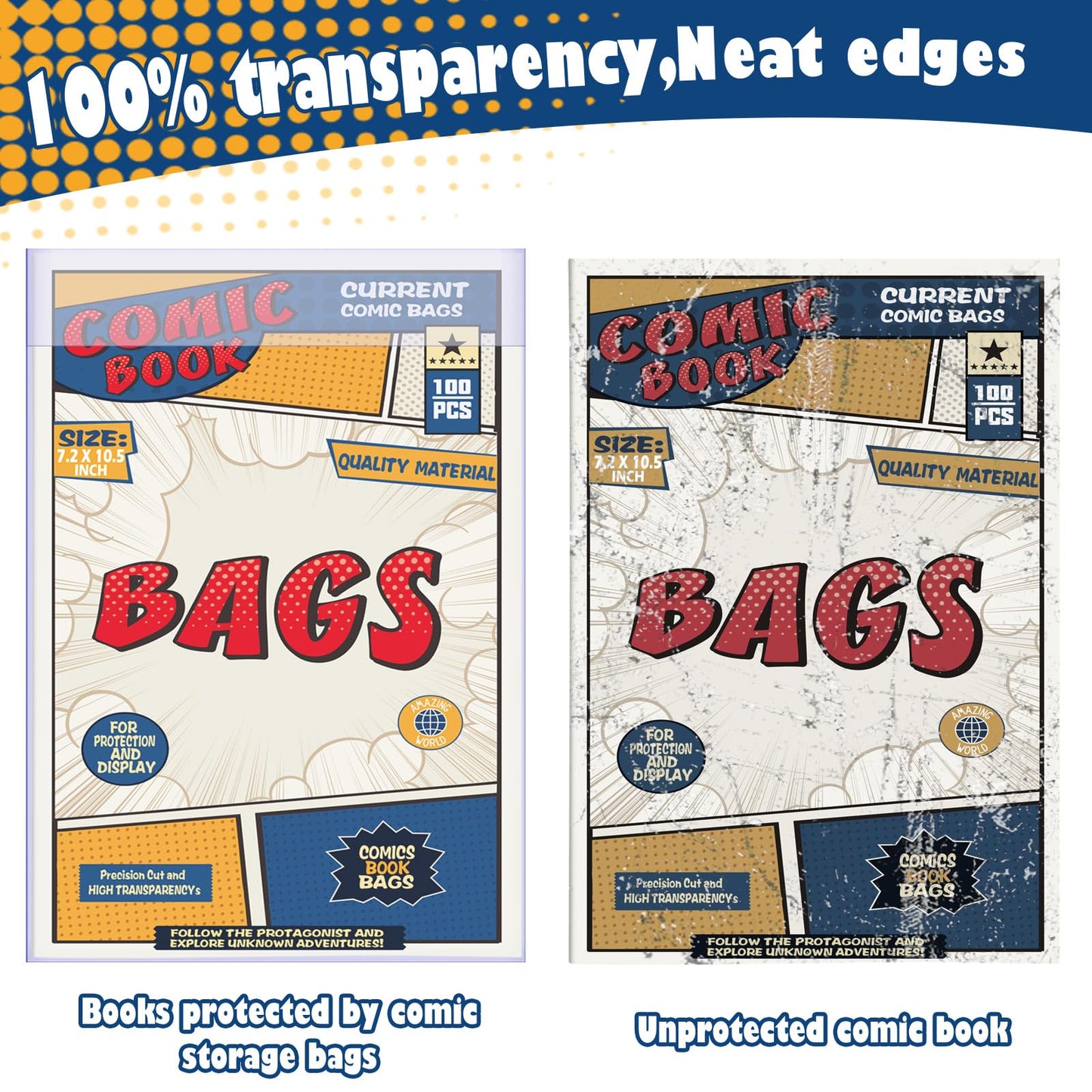 100 Count Comic Book Bags, Current Size Comic Bags 7.2 X 10.5 inch Transparent Acid-Free and Reusable Comic Book Sleeves for Regular Comics