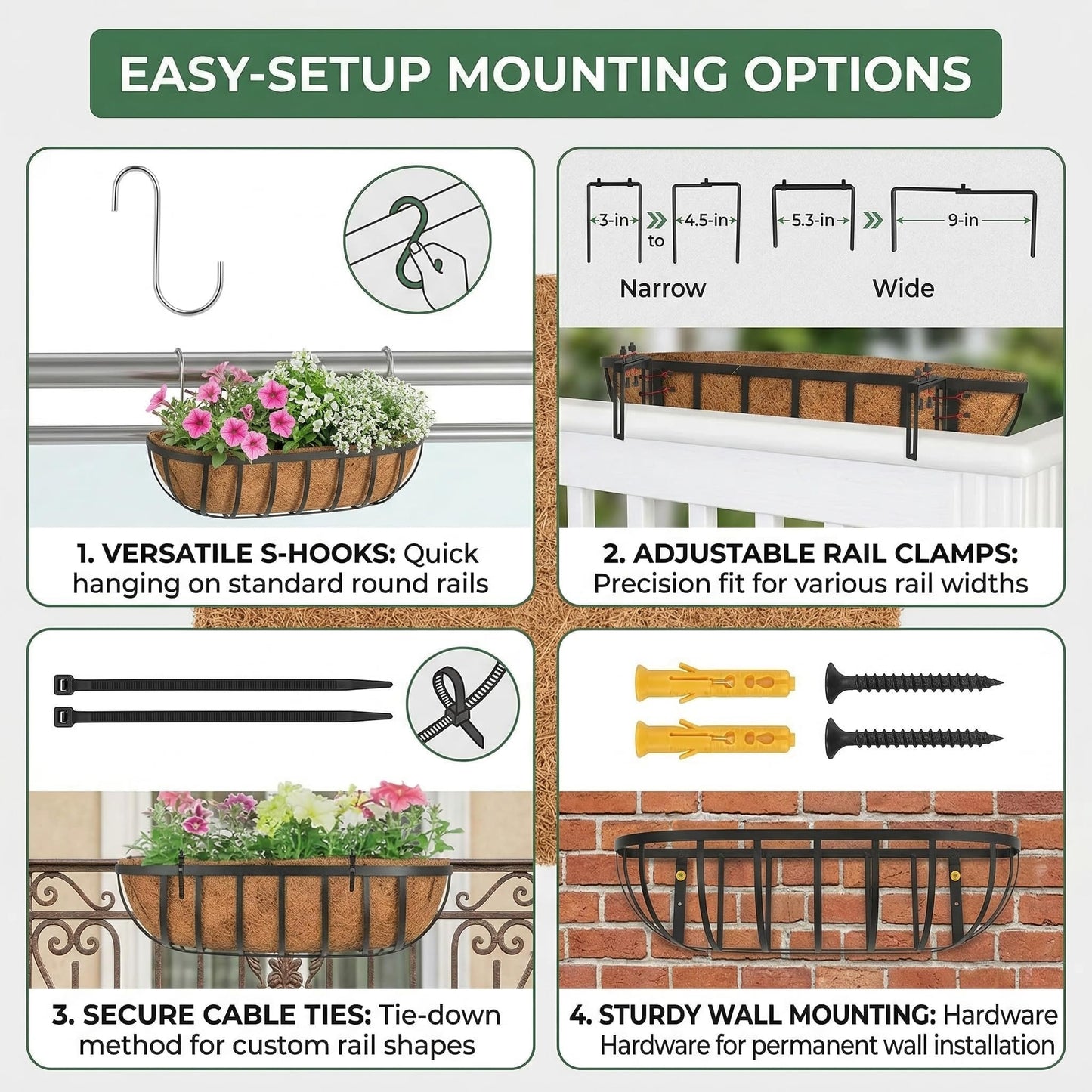 ZVOWOS 2 Pack 16" Railing Planter Window Box with Coco Fiber Liner Horse Trough Planter The Railing Planter Boxes for Deck Porch Fence Outdoor