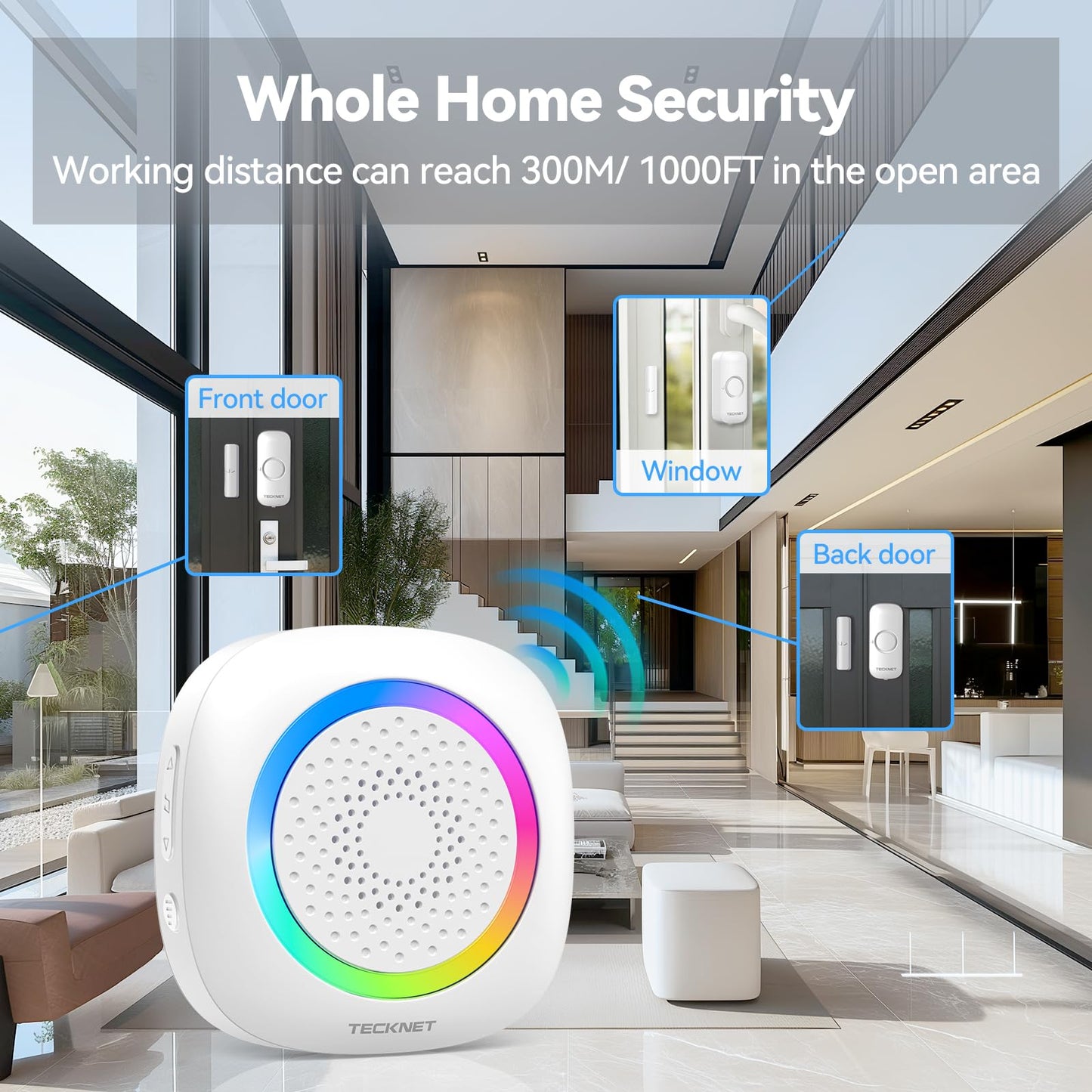 TECKNET Door Chimes When Door Opens, Wireless Door Sensor Chime Alarm with 1000Ft Range, 61 Songs, 5 Volume Levels, RGB Light, Door Chime for Business/Store/Home/Office When Entering