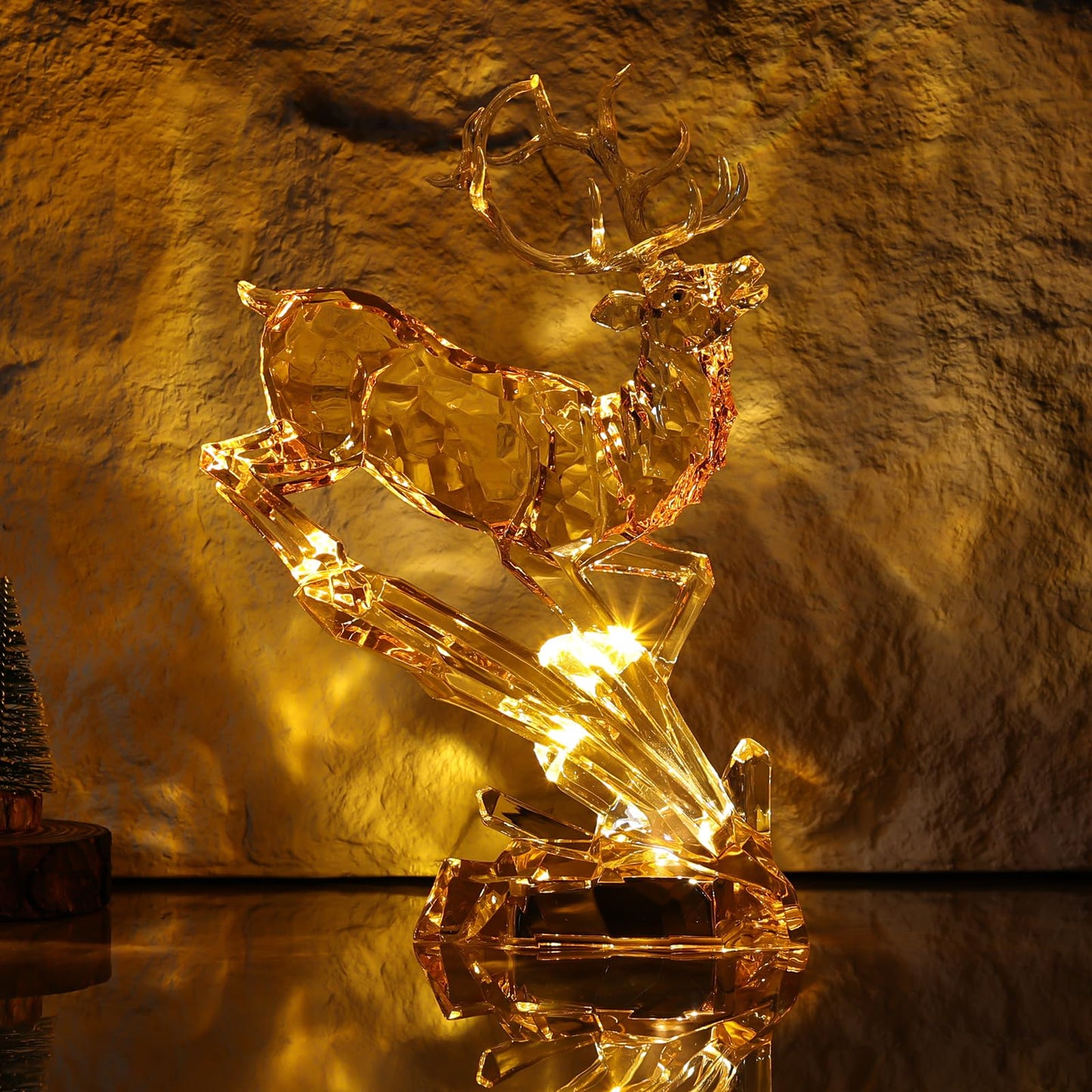 LCCCK Gold Clear Acrylic Large Deer Figurine, 11.8" Tall Reindeer Christmas Decoration, High End Deer Statue with Glass-Like Crystal Finish, for Christmas Indoor Table Top or Gift -with LED Light