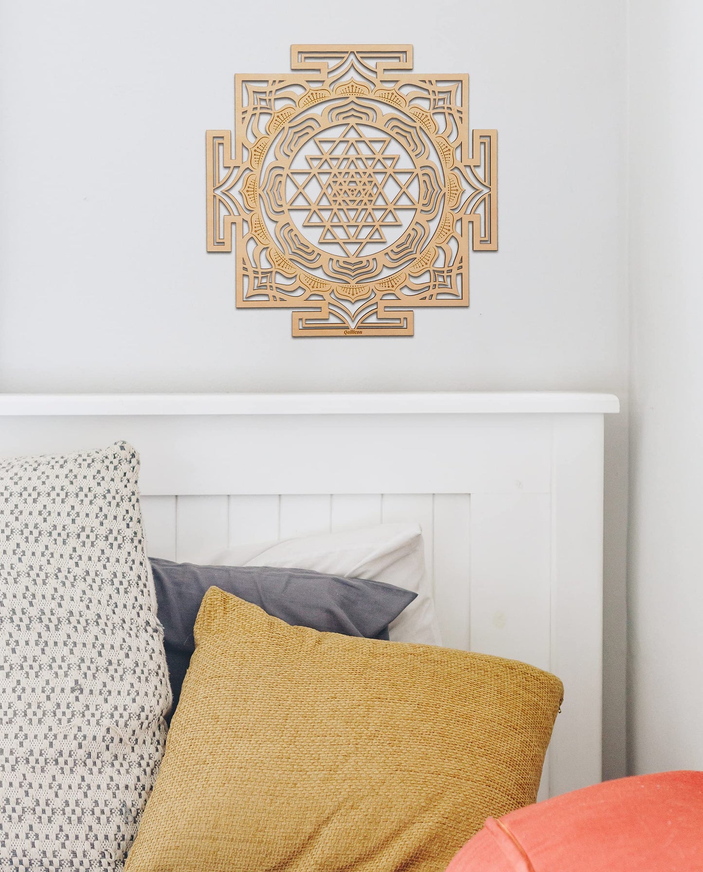 Qallicon 11.5'' Sri Yantra Wall Decor, Mandala Sacred Geometry Wall Art, Crystal Grid Chakra Wooden Yoga Art, Meditation Altar Zen Decor Spiritual Gifts