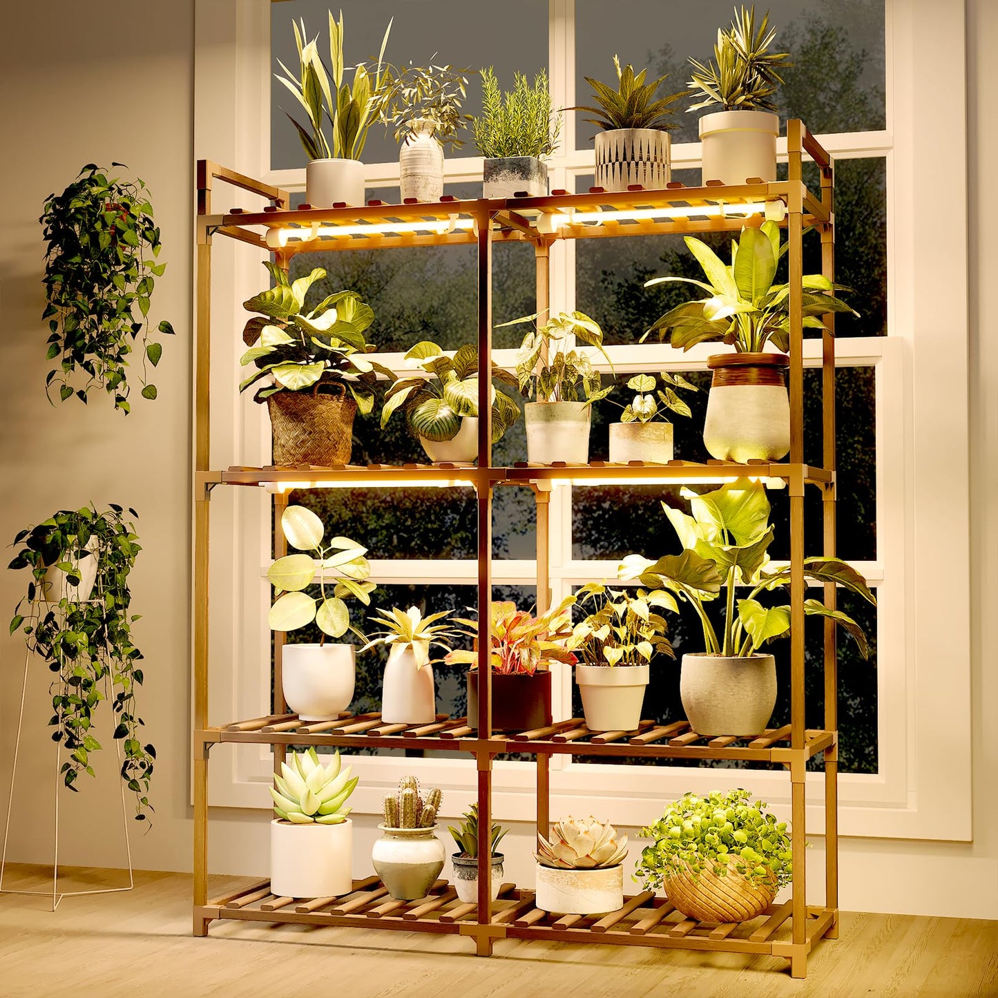 Bamworld Plant Stand with Grow Lights for Indoor Plants Wood Plant Shelf 4 Tier Large Flower Stand for Mutiple Plant Holder Rack for Patio Living Room Balcony