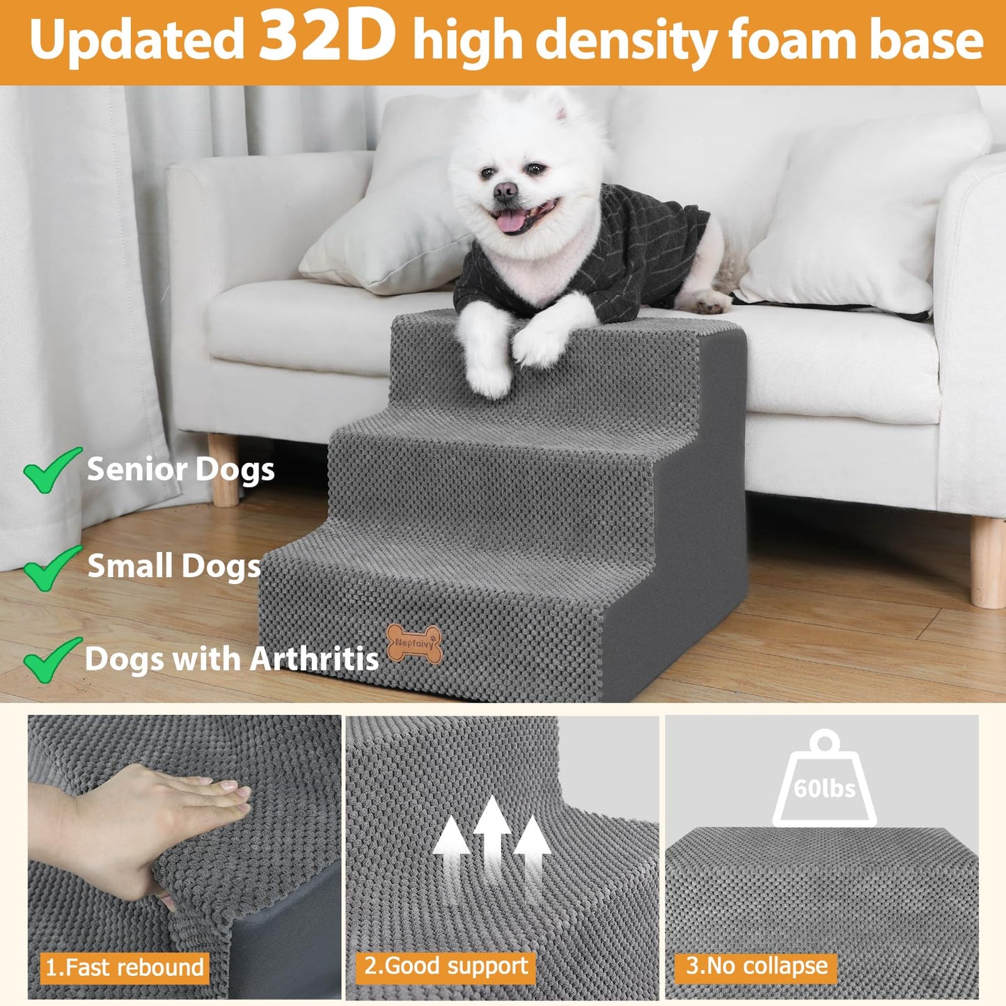 Nepfaivy Dog Steps Stairs for Bed - Non-Slip Pet Stairs for Small Dogs and Cats, 3-Steps Dog Ramp for Sofa with High Density Foam and Removable Cover, 45x40x34cm