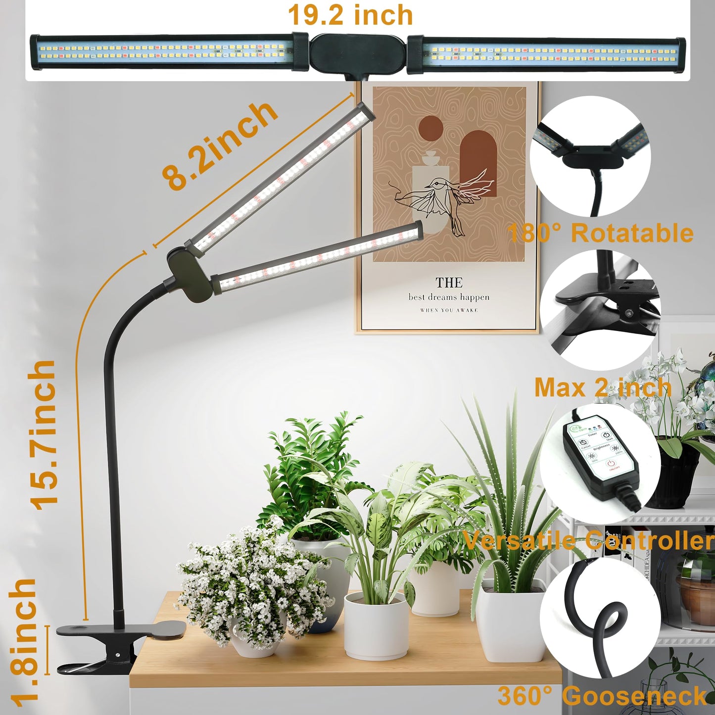 Juhefa LED Grow Light,Super Bright 6000K White Full Spectrum Clip Plant Growing Lamp with Rotatable Dual Head for Indoor Desk Plants,Dimmable & Timer 4/8/12H,High Power Output for Faster Growth,1-Head
