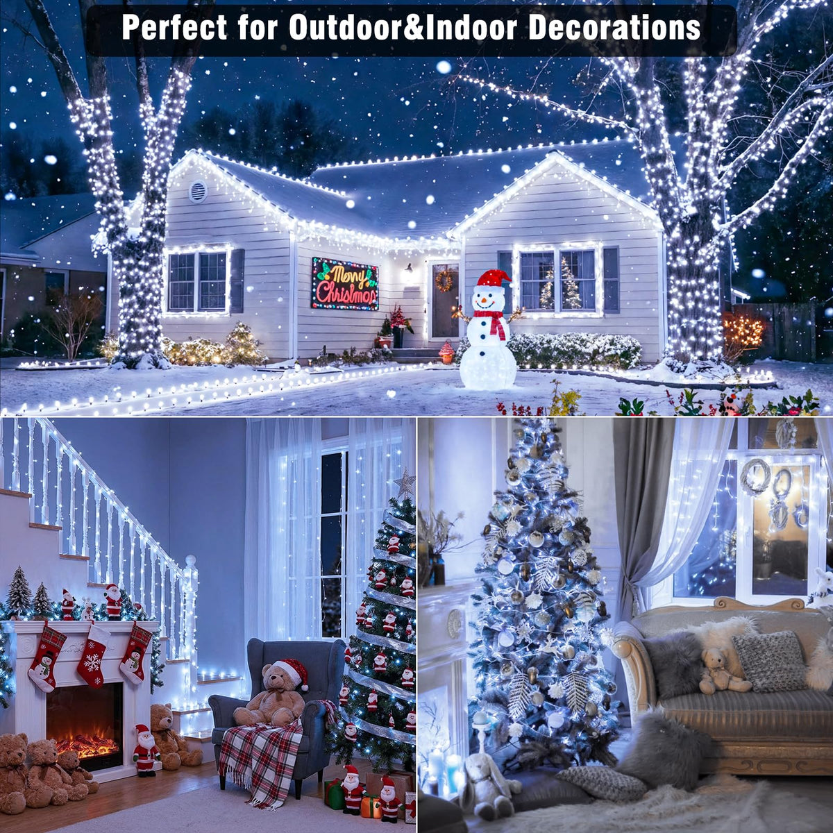 100ft White Christmas Lights Outdoor 300 LED String Lights Indoor Clear Wire Waterproof, 8 Modes Connectable Twinkle Fairy String Lights Plug in for Outside Room Bedroom Party Wedding Decorations