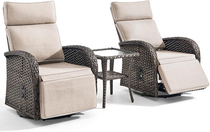 3 Pieces Zero Gravity Patio Swivel Rocking Recliner Chairs Set of 2 - Wicker Outdoor Lounge Chair with Side Table, Adjustable Backrest & Footrest, High Back Outdoor Recliner Chair for Pool Deck Beige
