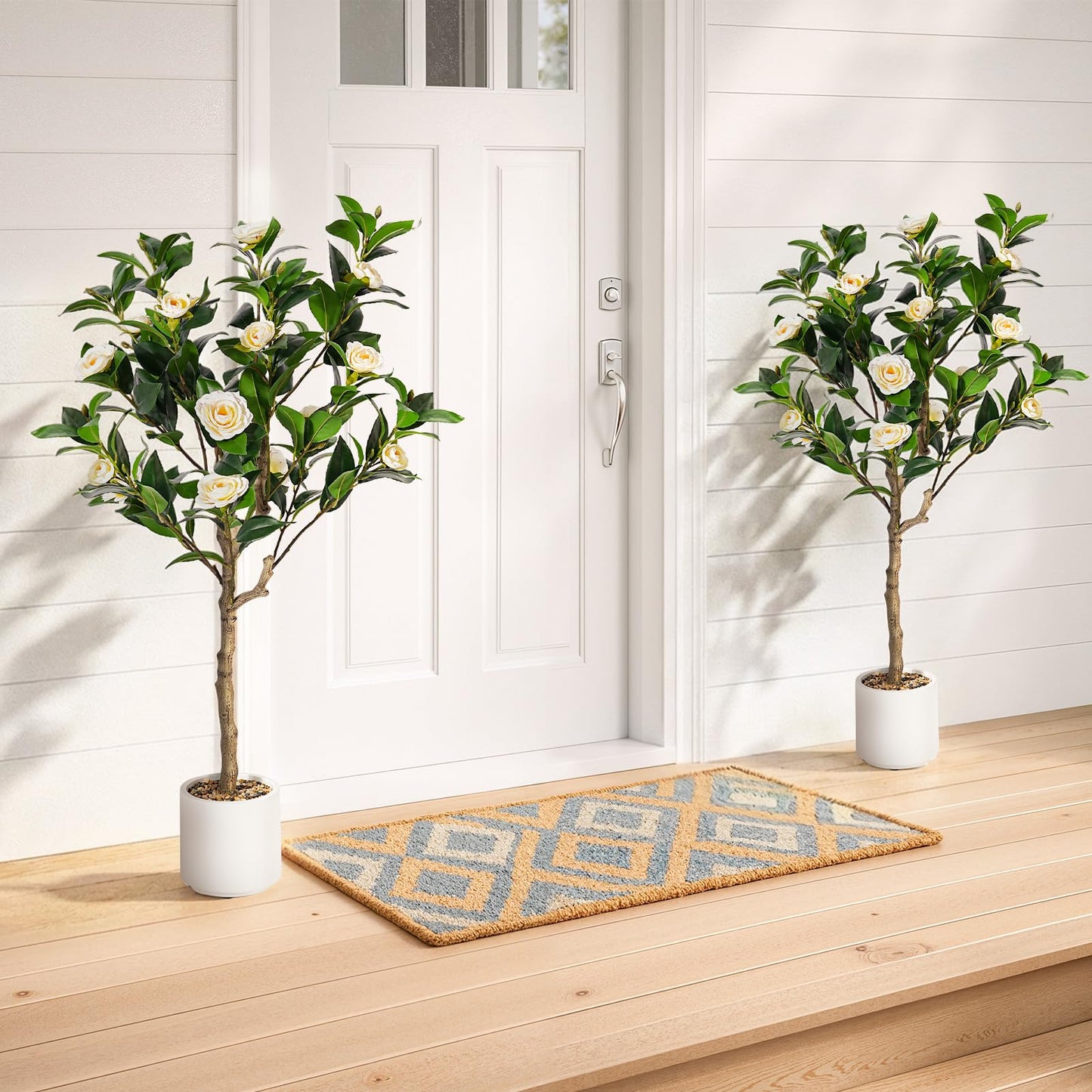 Jocoevol 4FT Artificial Camellia Tree 2 Pack, Fake Floral Plant with Realistic Trunk, Leaves, Flowers & Planter, Flower Artificial Tree, Artificial Flower for Front Porch Decor & Housewarming Gift