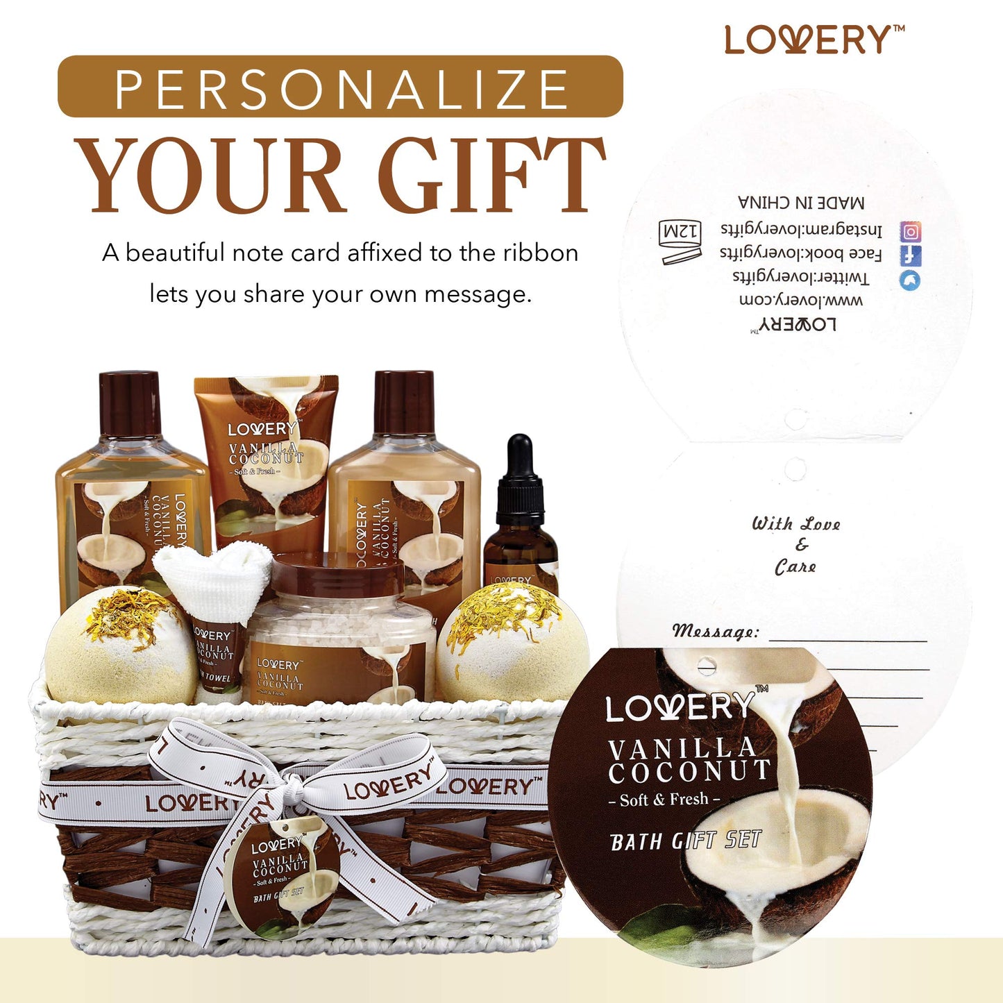 Gifts For Women Gift Basket for Womenโ 9 Piece Set of Vanilla Coconut Home Spa Set, Includes Fragrant Lotions, Extra Large Bath Bombs, Coconut Oil, Luxurious Bath Towel & More