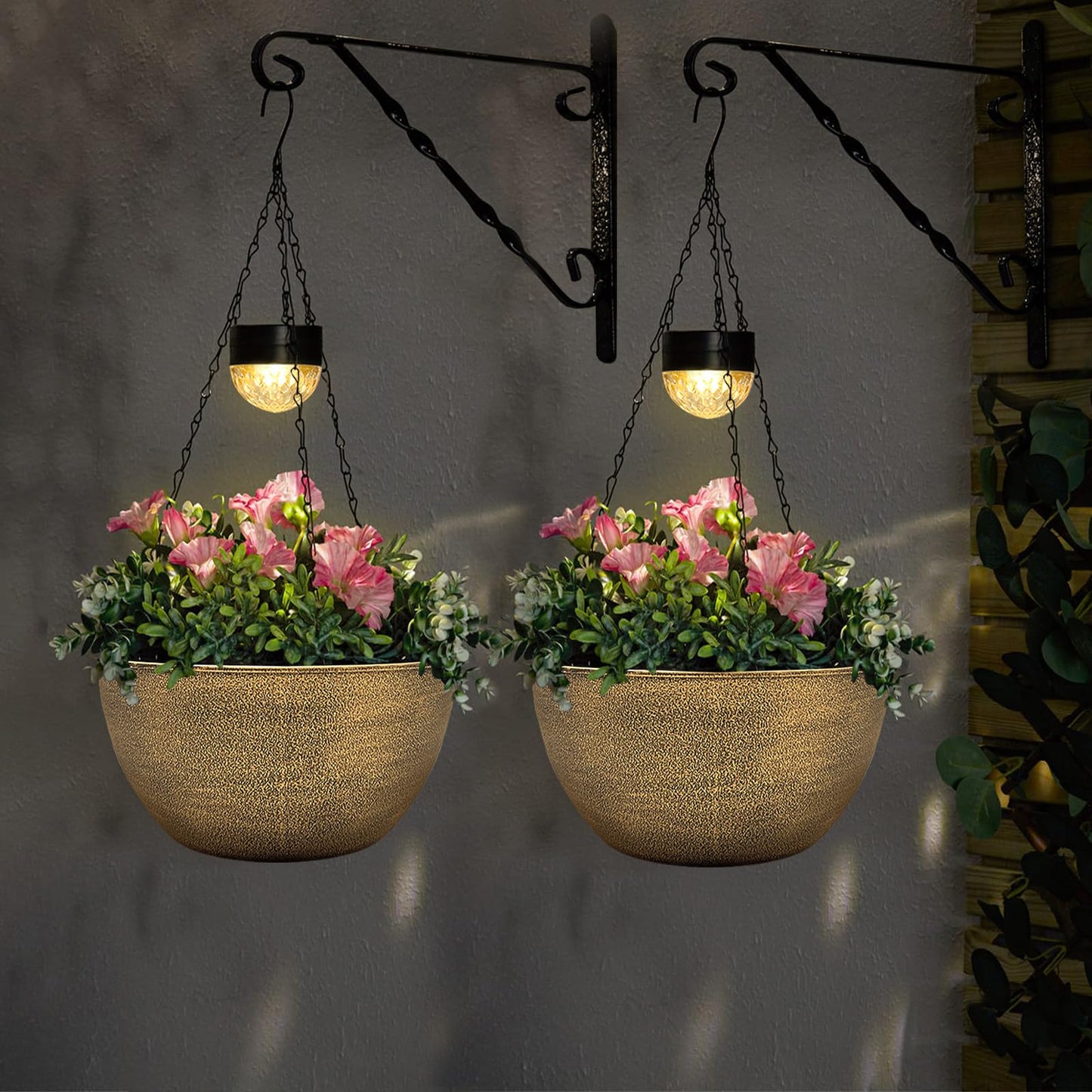 BAYN 2 Packs Solar Hanging Basket Planters for Plants Outdoor, Self Watering Copper Flower Plants Pots with Solar Light Drainer for Balcony Patio Garden Outdoor Decoration