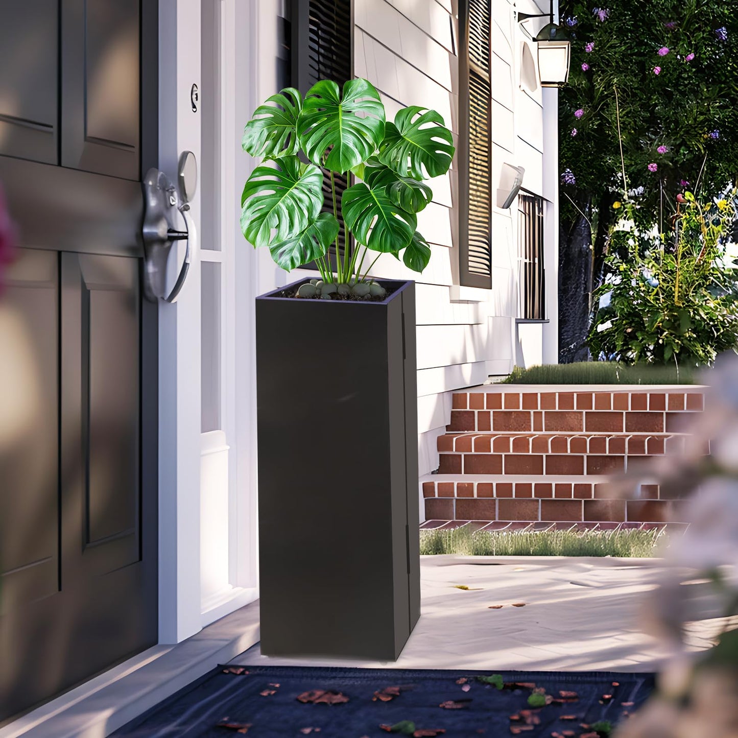 Metal Planter Box Rectangular Block -30 ×12×12IN No Installation Required Galvanized Steel Tall Box Planter Modern Outdoor Planters All-Weather Use with Drainage Holes for Patio/Porch (Black)