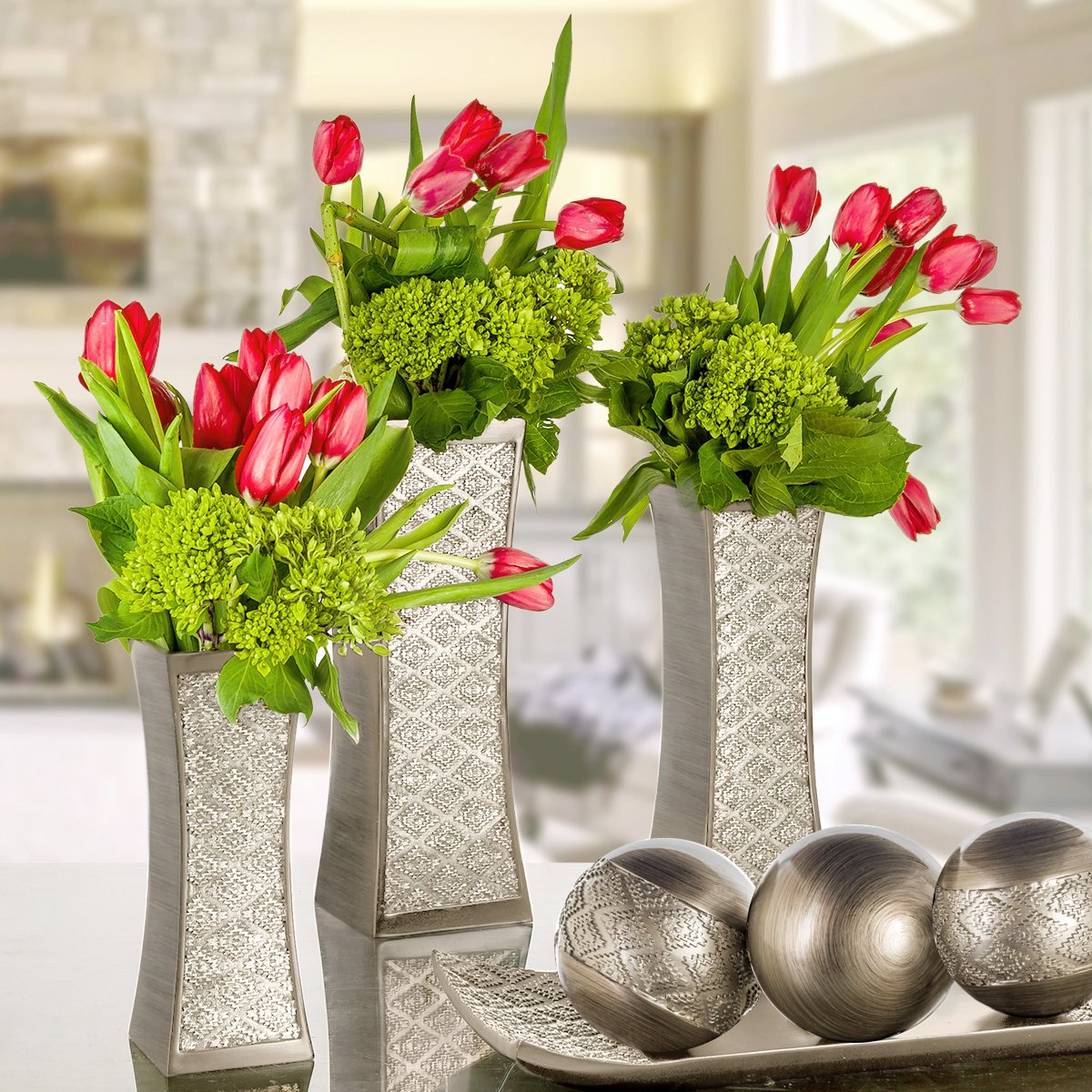 Creative Scents Dublin Silver Home Decor Tray with Orbs Set and Matching Set of 2 Candle Holders with Set of 6 Napkin Rings - Coffee Table Mantle Decor Centerpiece Table Decorations for Living Room