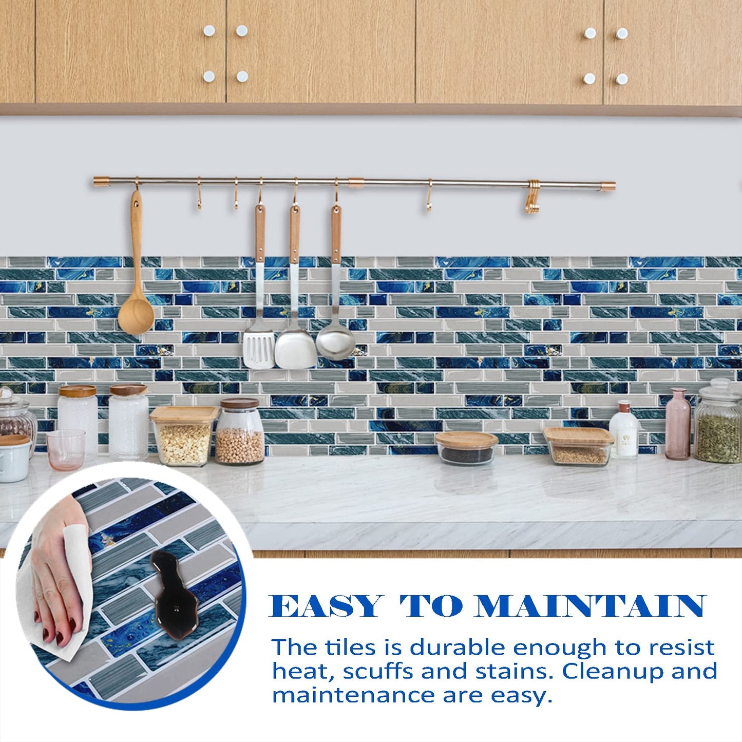 10-Sheet Peel and Stick Backsplash for Kitchen Bathroom Stick on Backsplash Blue Tile 12"x12"