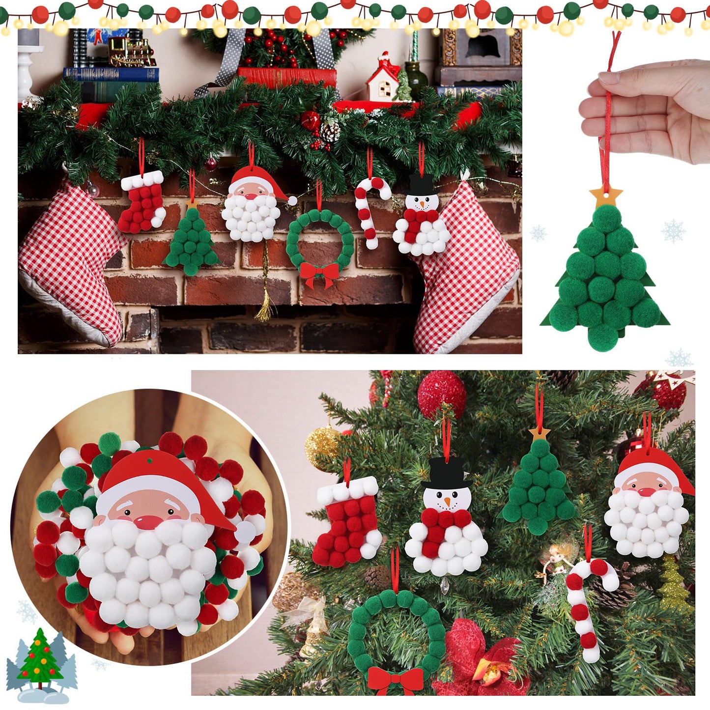 Realspring 24 Sets Christmas Pom-poms Craft Kit DIY Pom Pom Ornament Craft Bulk Christmas Tree Snowman Stockings Santa Wreath Candy Canes Xmas Poms Decor Fun Home Activity Classroom Party