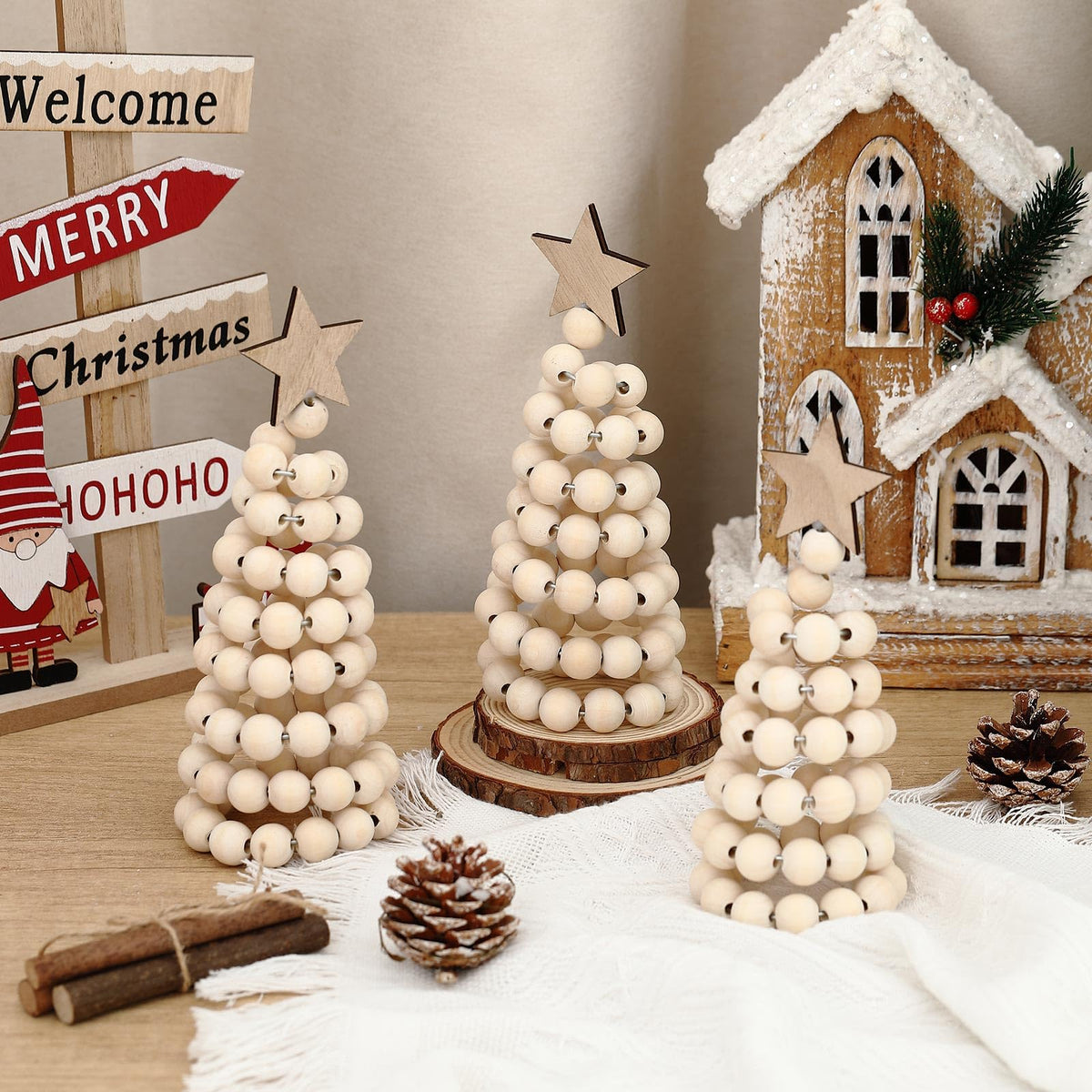 Thyle 3 Pcs Christmas Tree Decor 3 Sizes 6/8/10 Inch Small Boho Artificial Christmas Tree Tabletop Decor for Home Shelf Mantel Fireplace Table Party Supplies(Bead Style,Wood)