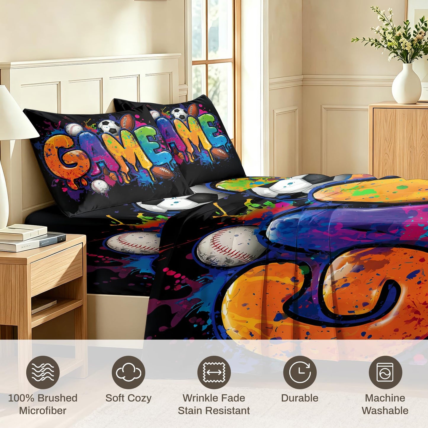 Ball Sports Twin Sheet Set 3 Pcs Graffiti Game Bed Sheets, Black Blue