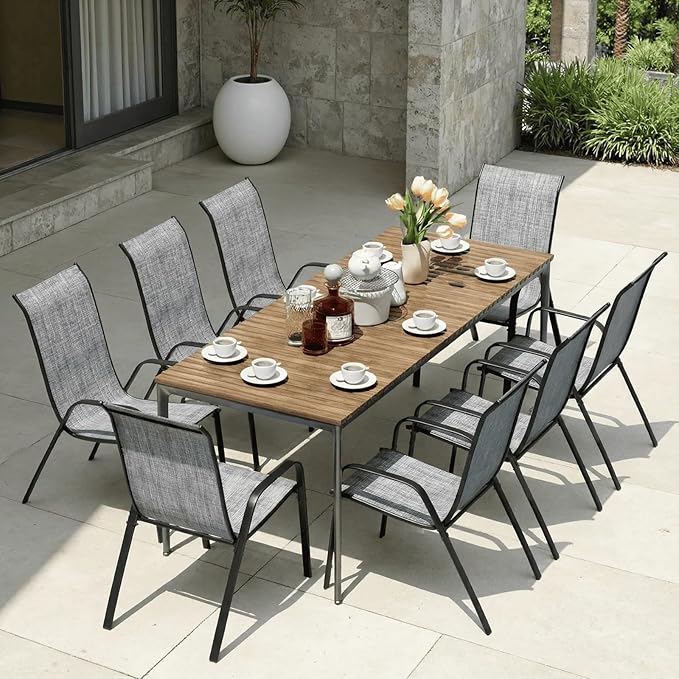 MAMIZO Patio Dining Chairs, Stackable All Weather Teslin Chair, Heavy Duty Outdoor Breathable Chairs Set, w/Armrests, Upgraded Chair FeetW/Strenthened Iron Spacers, 330 LBS (8, Grey)