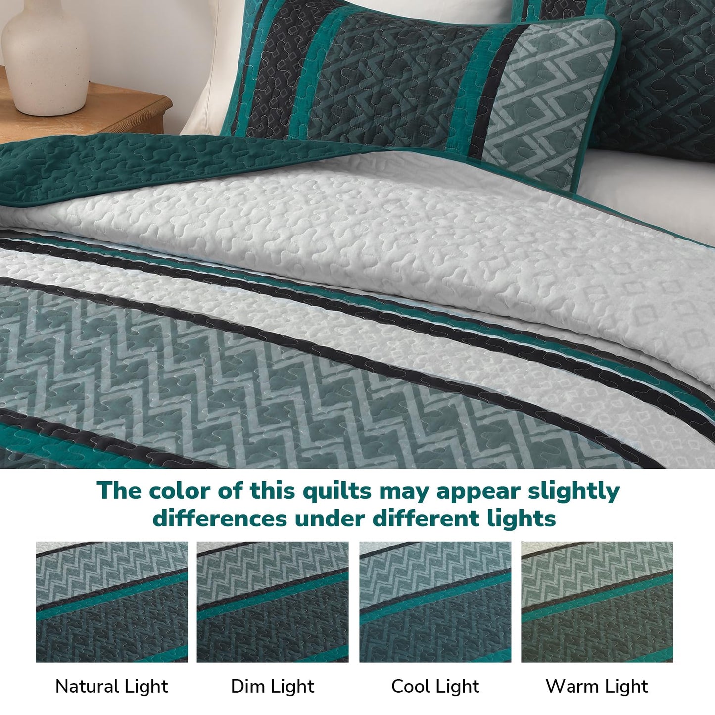 Dinjoy Boho Queen Quilt Set, Soft 3 Pieces Striped Bedspreads, Dark Green Bedding Sets Micofiber Lightweight Quilts with 2 Pillow Shams Coverlet Bed Sets for Women Men 96''x90''