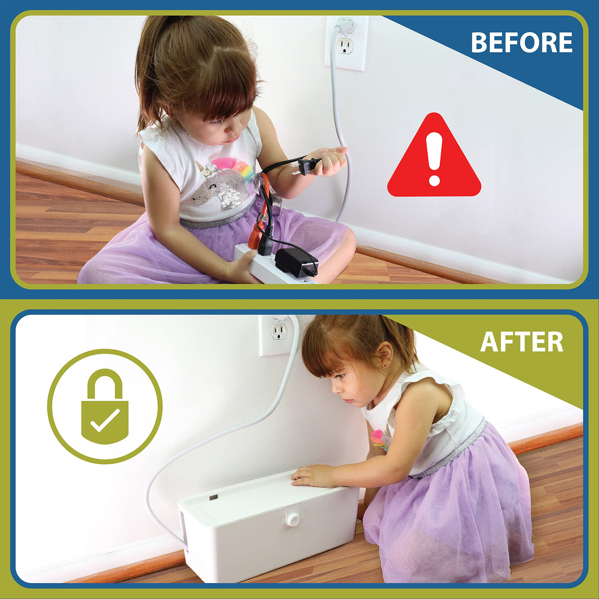 Power Strip Cover Box - Effectively Baby Proofs Power Strip with Patented Dual Lock. Convenient Side Openings for Cords & Cables. Protects Small Hands & Fingers