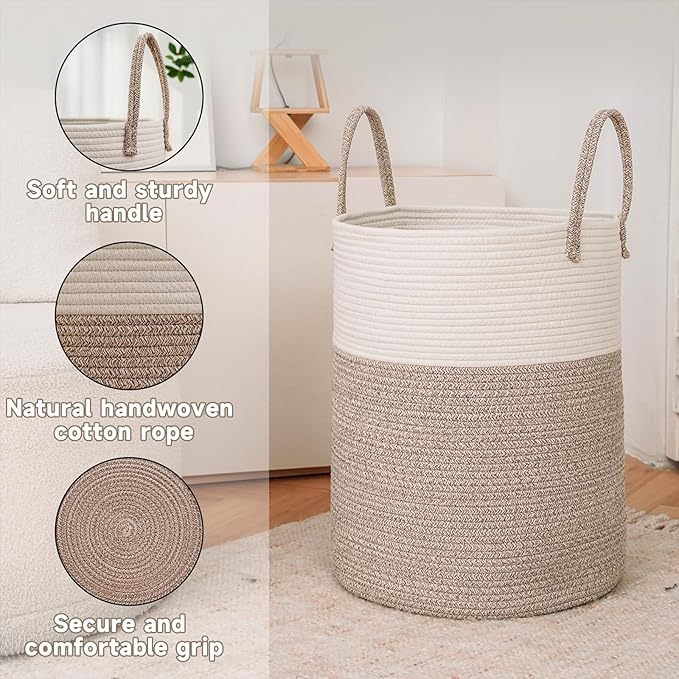 Large Woven Laundry Basket Hamper, 60L Cotton Rope Storage Bin