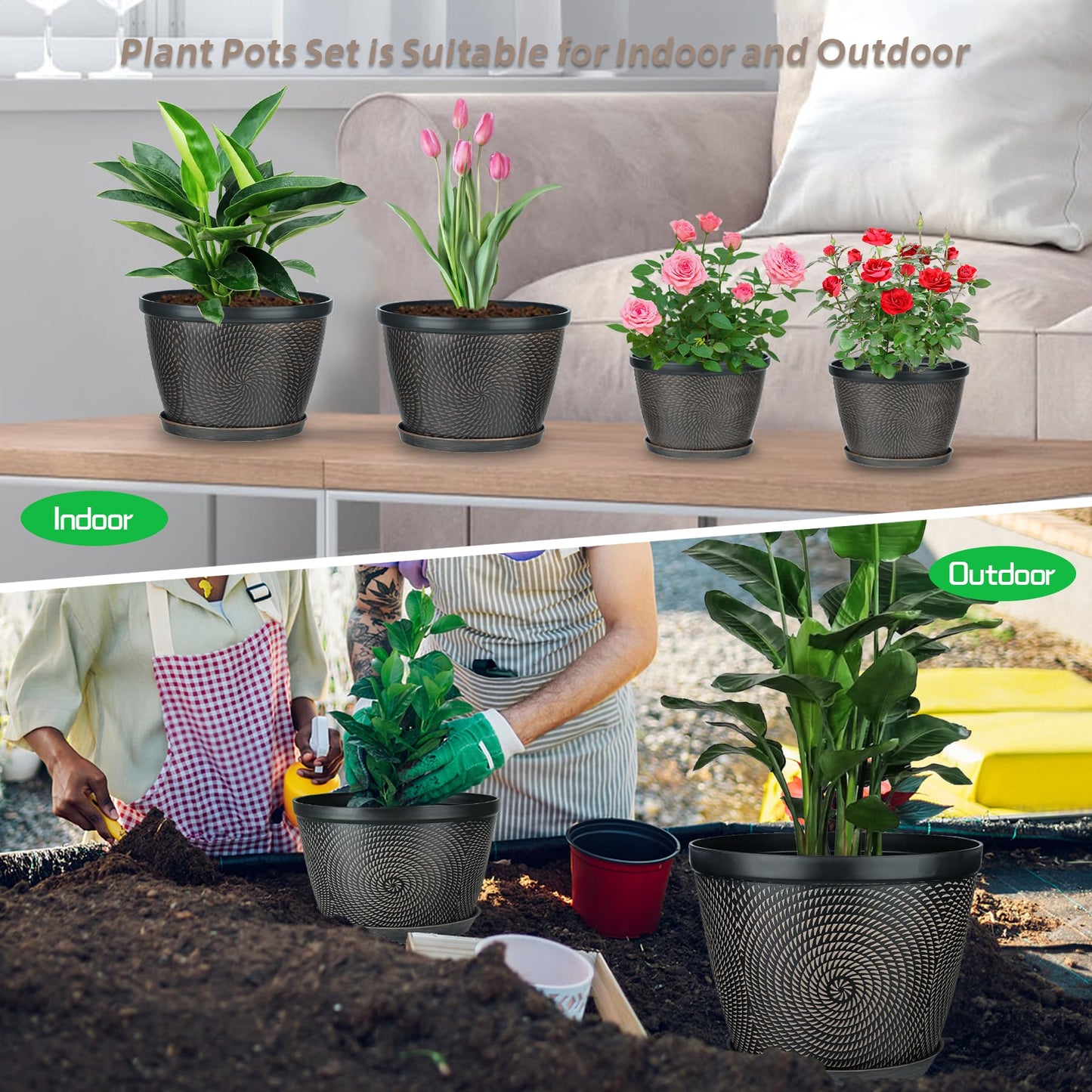 Quarut 10 Inch Flower Pots for Outdoor Indoor, 3 Pack Plastic Plant Pots with Drainage Hole & Tray, Modern Decorative Garden Pot with Saucer, planters for House (Brown)