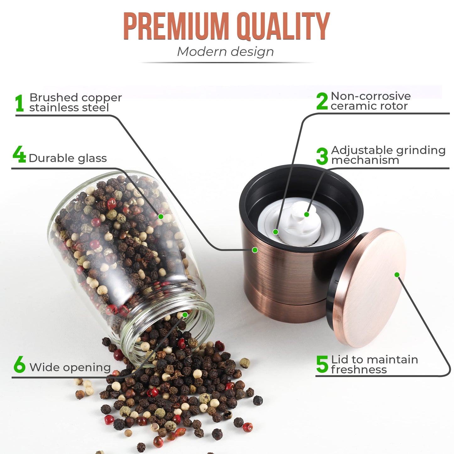 Copper Pepper Grinder or Pepper Mill, Manual Salt Grinder Refillable with Adjustable Coarseness, Black Pepper Grinder Made of Stainless Steel, Himalayan Salt and Sea Salt Grinder