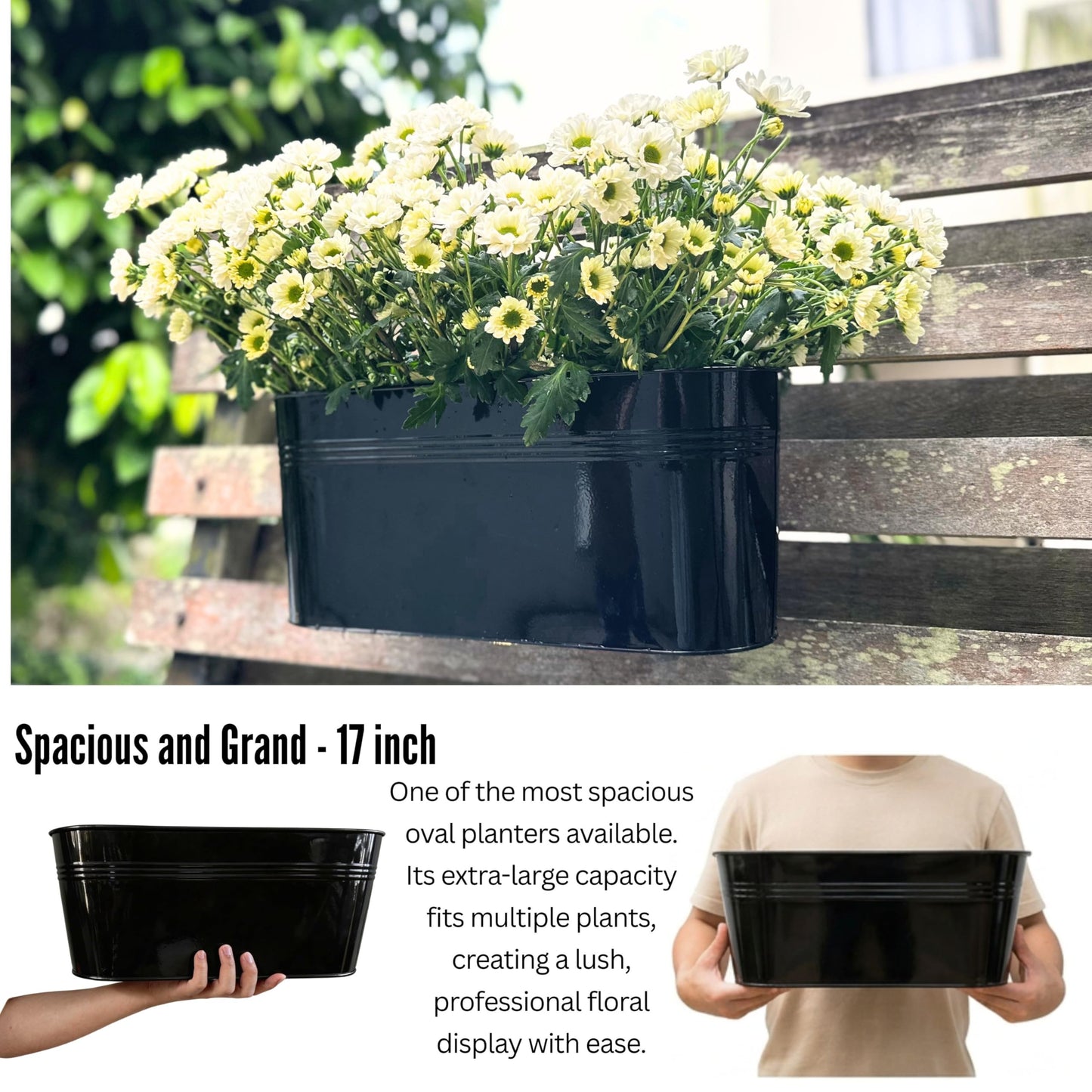 LaLaGreen Deck Railing Planter Box (17 Inch, 2 Pack) Large Black Metal Window Flower Boxes Outdoor, Wall Hanging Planters Plant Holder Hooks Fence Rail Bucket Modern Countryside Boho Style Patio Porch