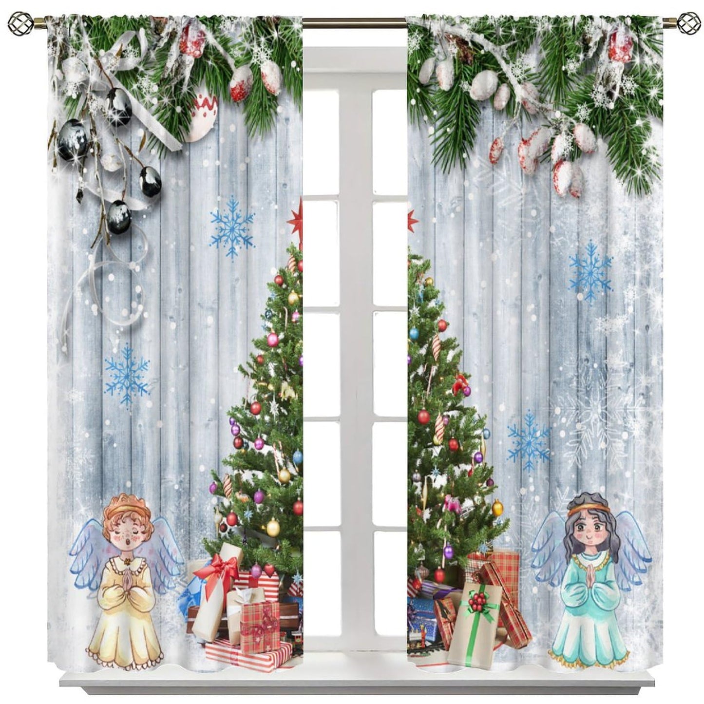 FengMingRui Kids Christmas Curtain for Bedroom Angel Pine Tree Christmas Tree Pine Leaves Winter Holiday Christmas Decor Window Drapes 42" W X 45" L