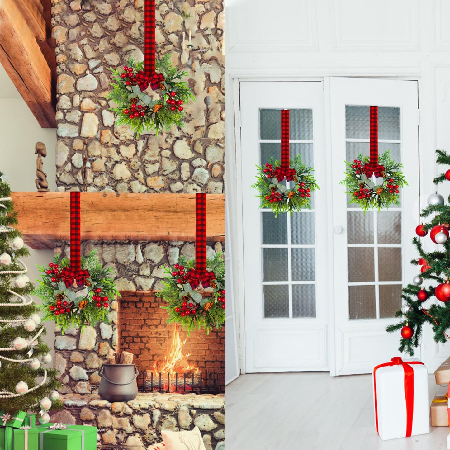Small Christmas Wreath - 2Pcs Mini Wreaths with Red Berry Pine Eucalyptus for Kitchen Window Decor Small Farmhouse Wreaths Garland for Indoor Home Cabinet Decorations