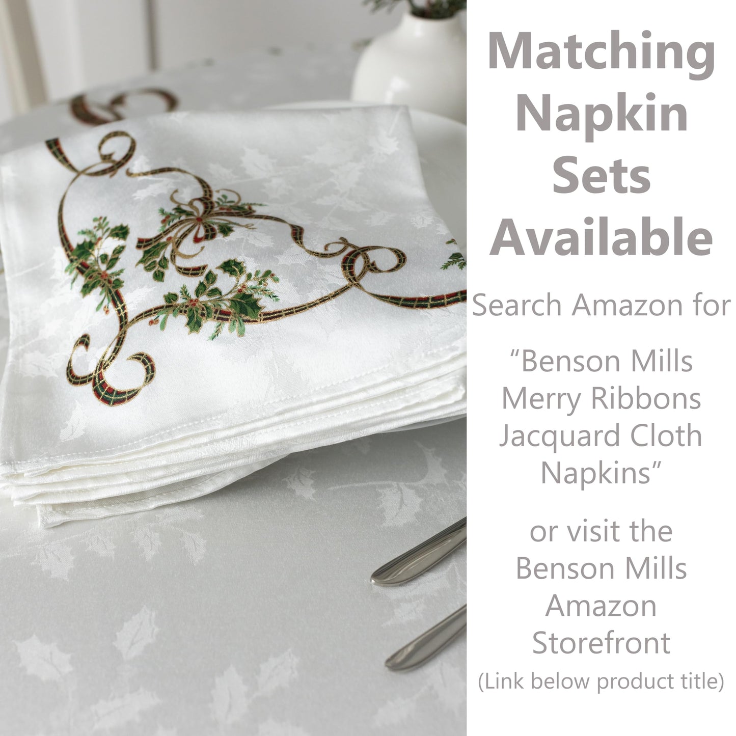 Benson Mills Merry Ribbons Engineered Printed Jacquard Fabric Christmas Table Cloth, for Christmas, Winter, and Holiday Tablecloth (60" x 104" Rectangular, Merry Ribbons)