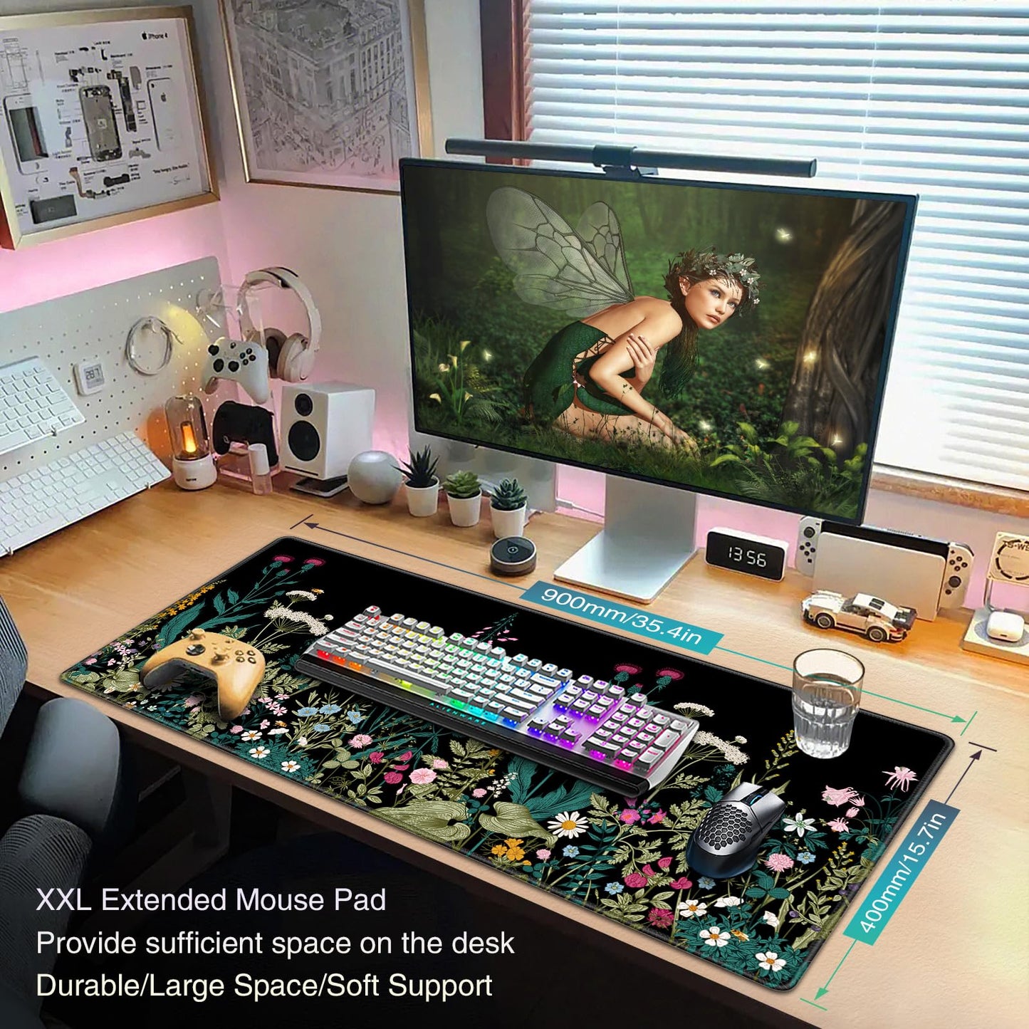 Acezeek Large Mouse Mat,Gaming Mouse Pad,900X400mm(35.4X15.7in) XXL Mousepad,Desk Protector Mat with Anti-Slip Base,Waterproof&Durable Mousemat for Gaming,Office,Home(Flowers & Plants)