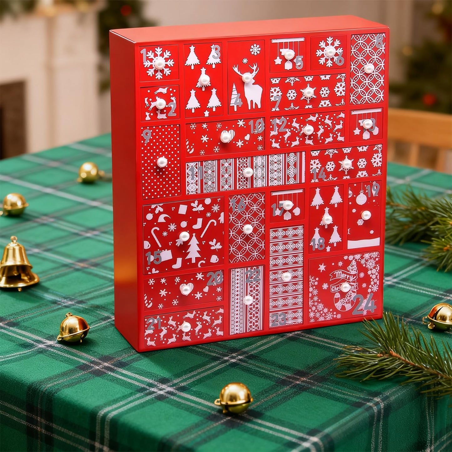 Juegoal Red Advent Calendar with 24 Drawers Countdown to Christmas, Refillable Wooden Advent, Christmas Gift for Children, 15 Inches Tall