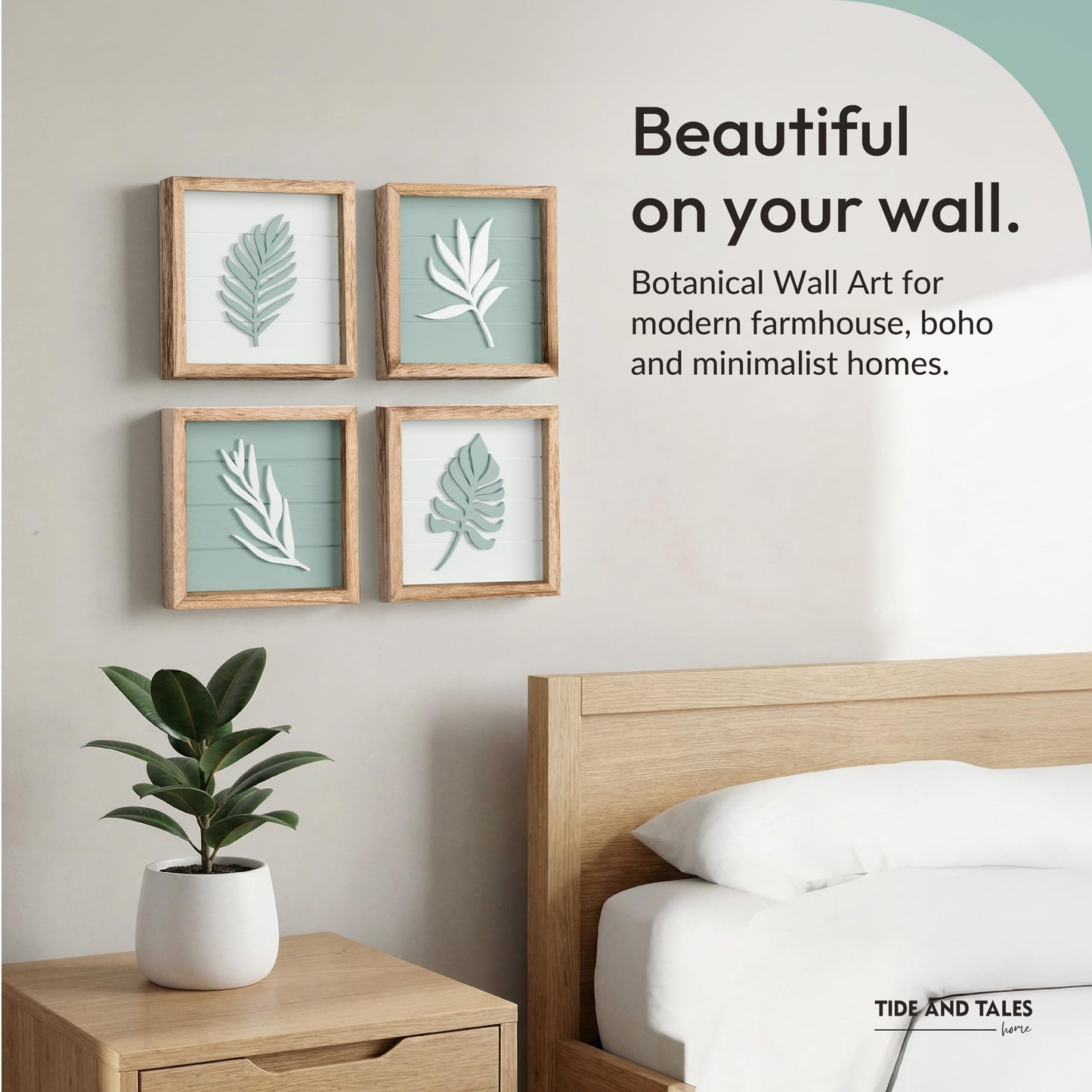 Tide and Tales 3D Sage Green Leaf Botanical Wall Art (Framed Set of 4) – Textured Boho Botanical Bathroom Art Wall Decor – Leaf & Plant Accent for Bedroom or Living Room 7"x7"