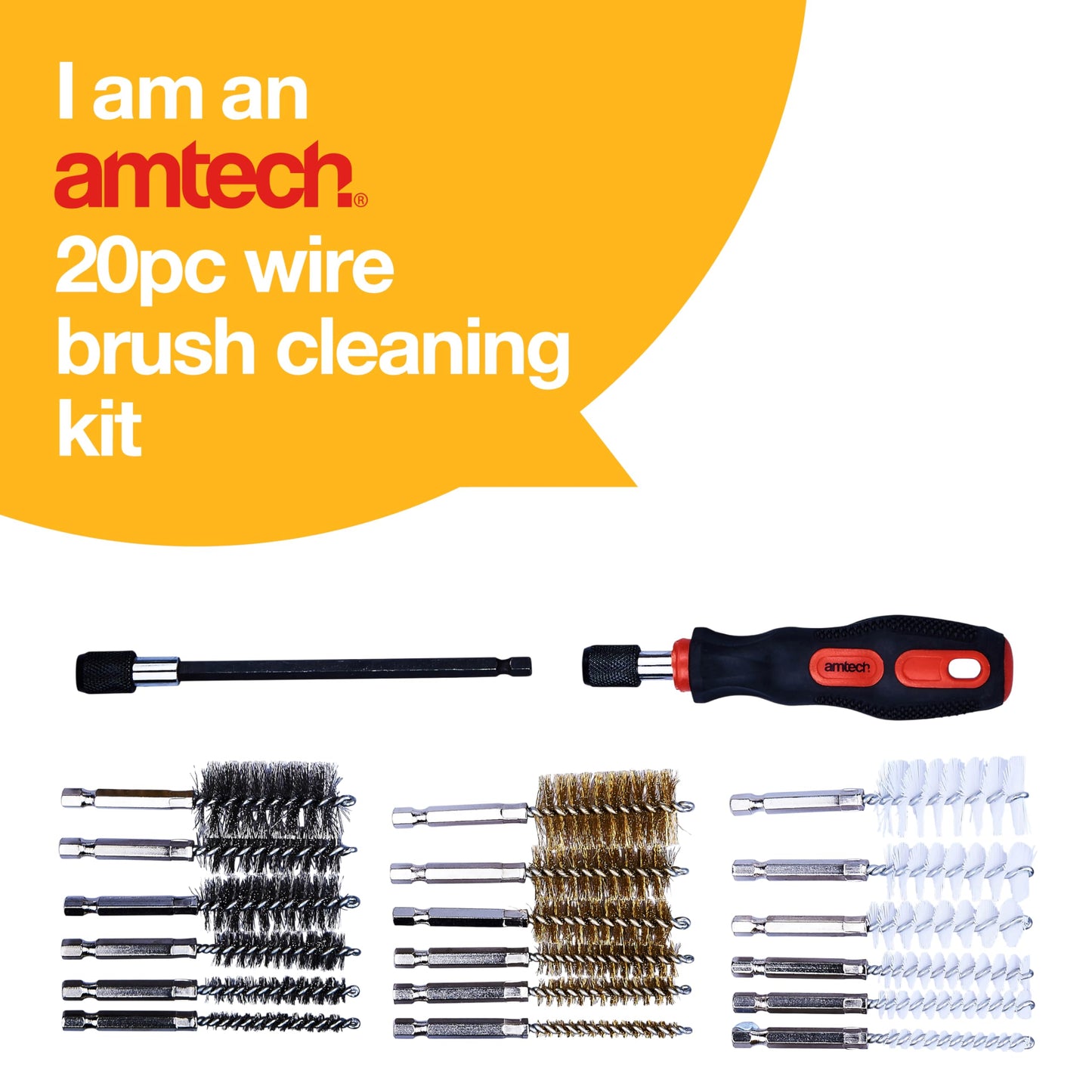 Amtech - Set of Small Wire Brushes for Cleaning, Made from Tough Steel, Glass, and Nylon, Versatile Choice of Sizes with 1/4” Hex Drive Shank, Comfortable Handle, Extended Reach (20pc)