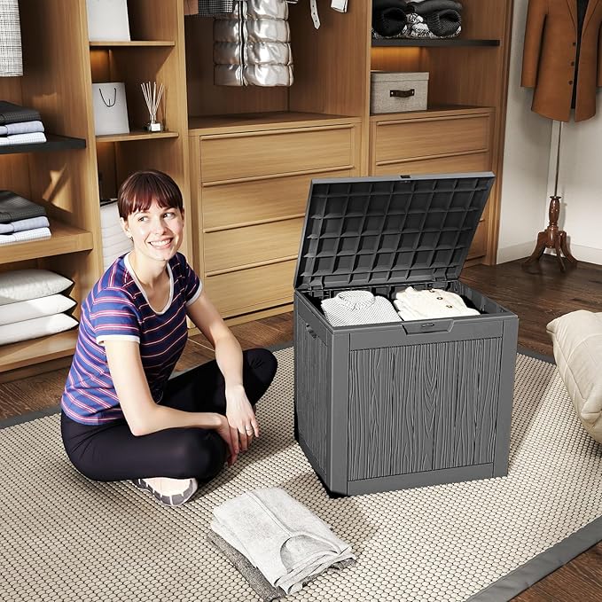 33 Gallon Outdoor Deck Box, Lockable Waterproof Outdoor Storage Boxes For Garden Tools,Indoor Cushions,Accessories Outside Storage Resin Weatherproof Container(Black)