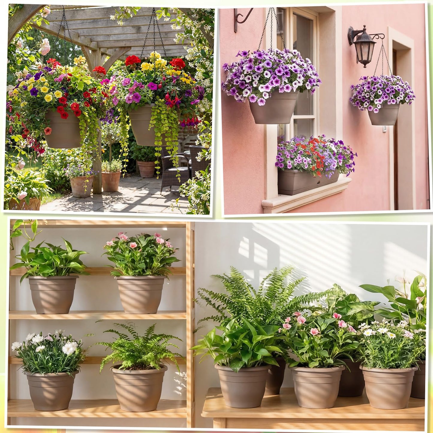 Romooa 20 Pack 10 Inch Plastic Hanging Planter Bulk Brown Hanging Baskets for Plants with Drainage Trays Self Watering Plant Pot Outdoor Indoor Planter for Garden, Balcony, Porch, Patio Decor