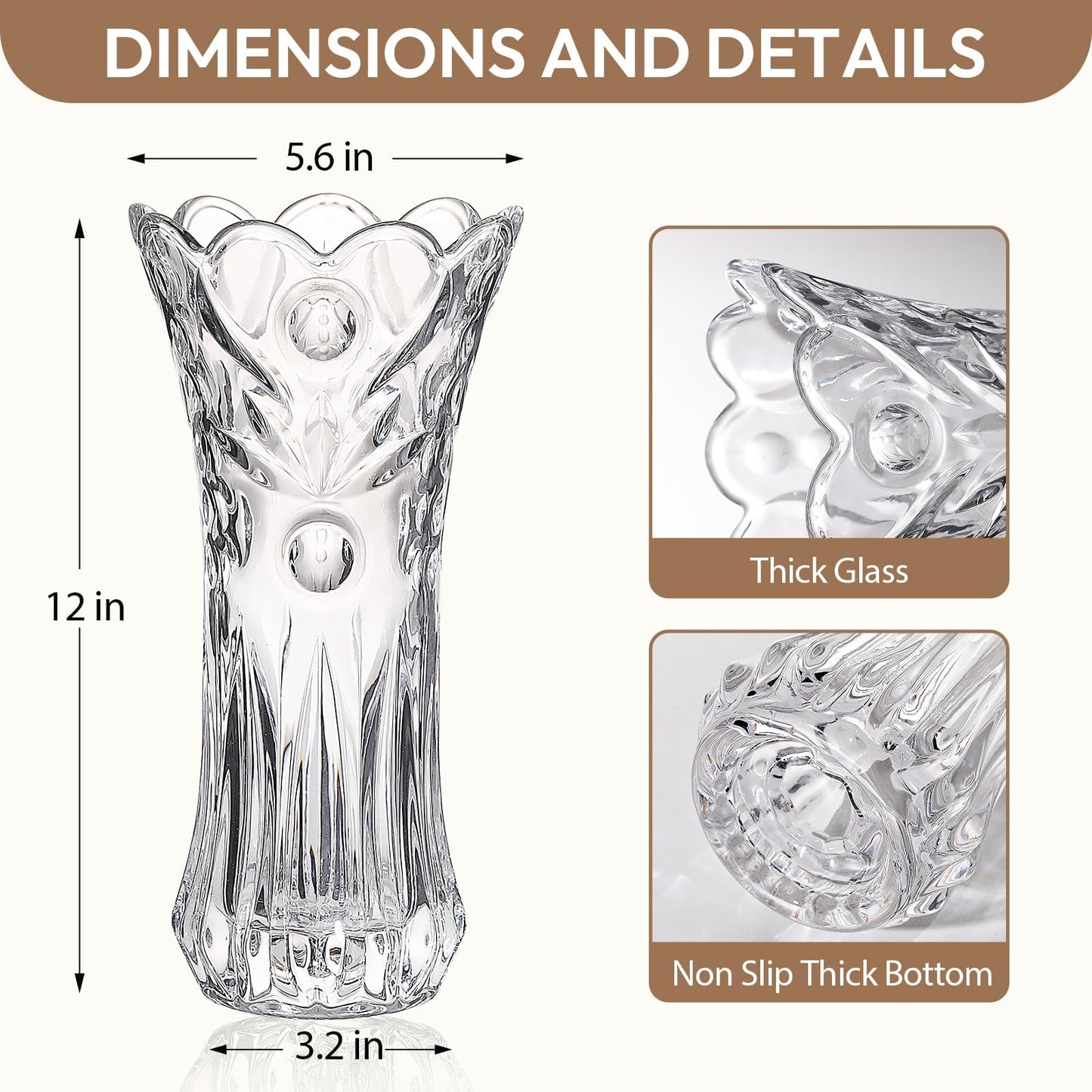 JASVIC 12 Inch Crystal Vase for Flowers with Luxury Gift Box, Pearl Design, Large Crystal Clear Glass Vase Suitable for Home Office Decor, Birthday, Wedding Anniversary or Mother's Day