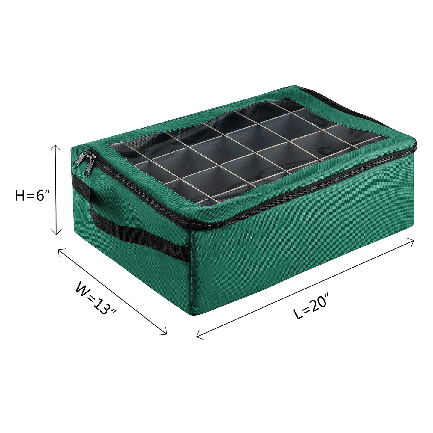 Ornament Storage Box - Zippered Organizer with 48 Individual Compartments and Dividers for Christmas Bulbs and Decorations by Tiny Tim Totes (Green)
