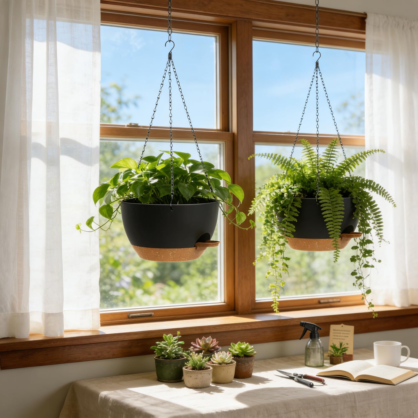UOUZ 13 Inch 2 Pack Large Self Watering Hanging Planters for Indoor Outdoor Plants, Hanging Plant Pots with Removable 50 Oz Reservoir, Plastic Hanging Basket for Window Porch Garden, Black with Brown