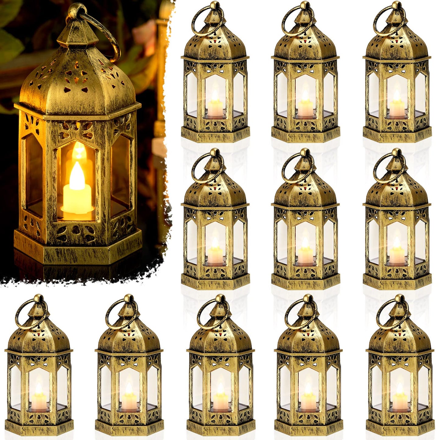 12 Pieces Mini Lanterns with Flickering LED Candle, Batteries Included, Decorative Hanging Candle Lantern for Indoor Use, Wedding, Party, Table Centerpiece (Gold, )