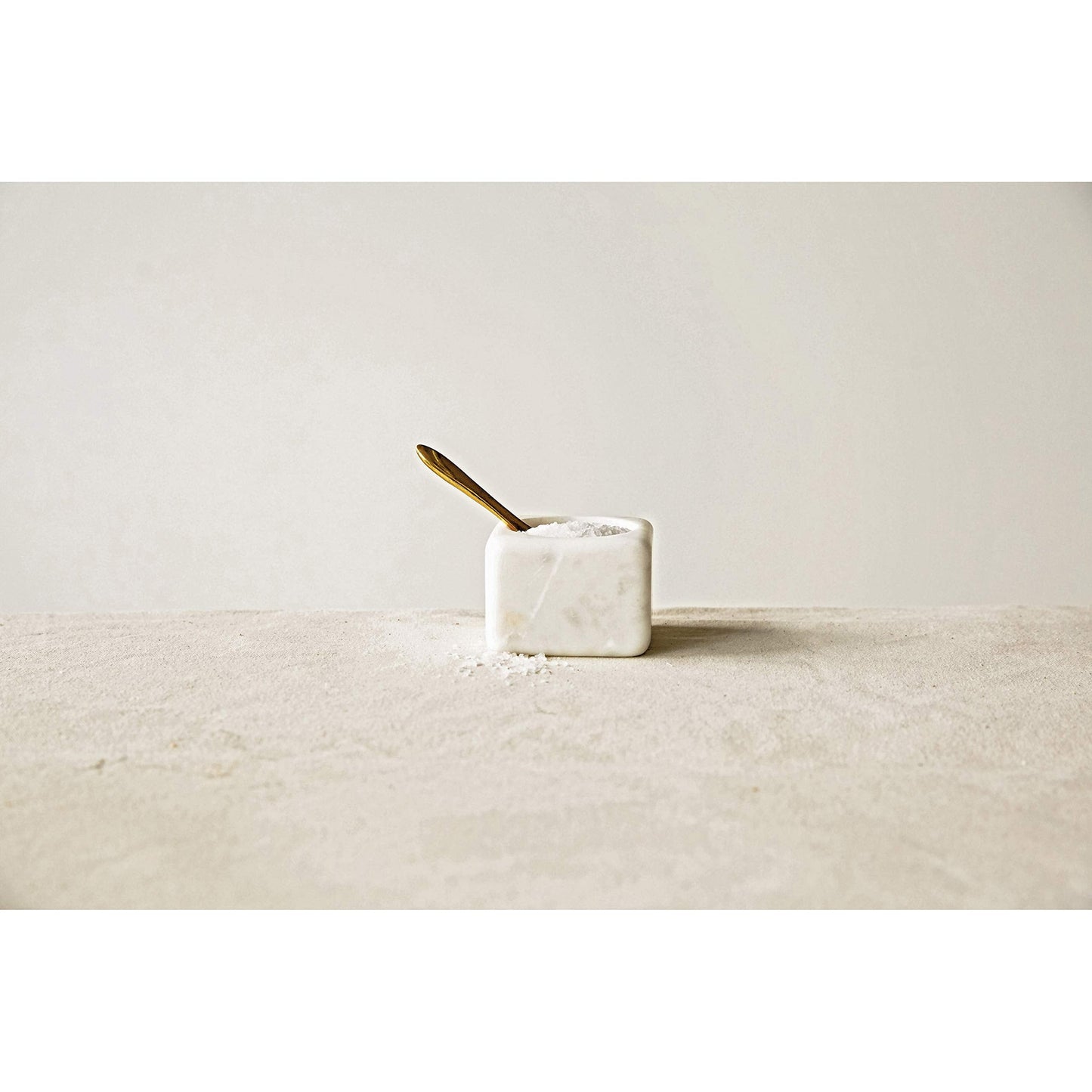Creative Co-Op Square Marble Bowl with Brass Spoon, White
