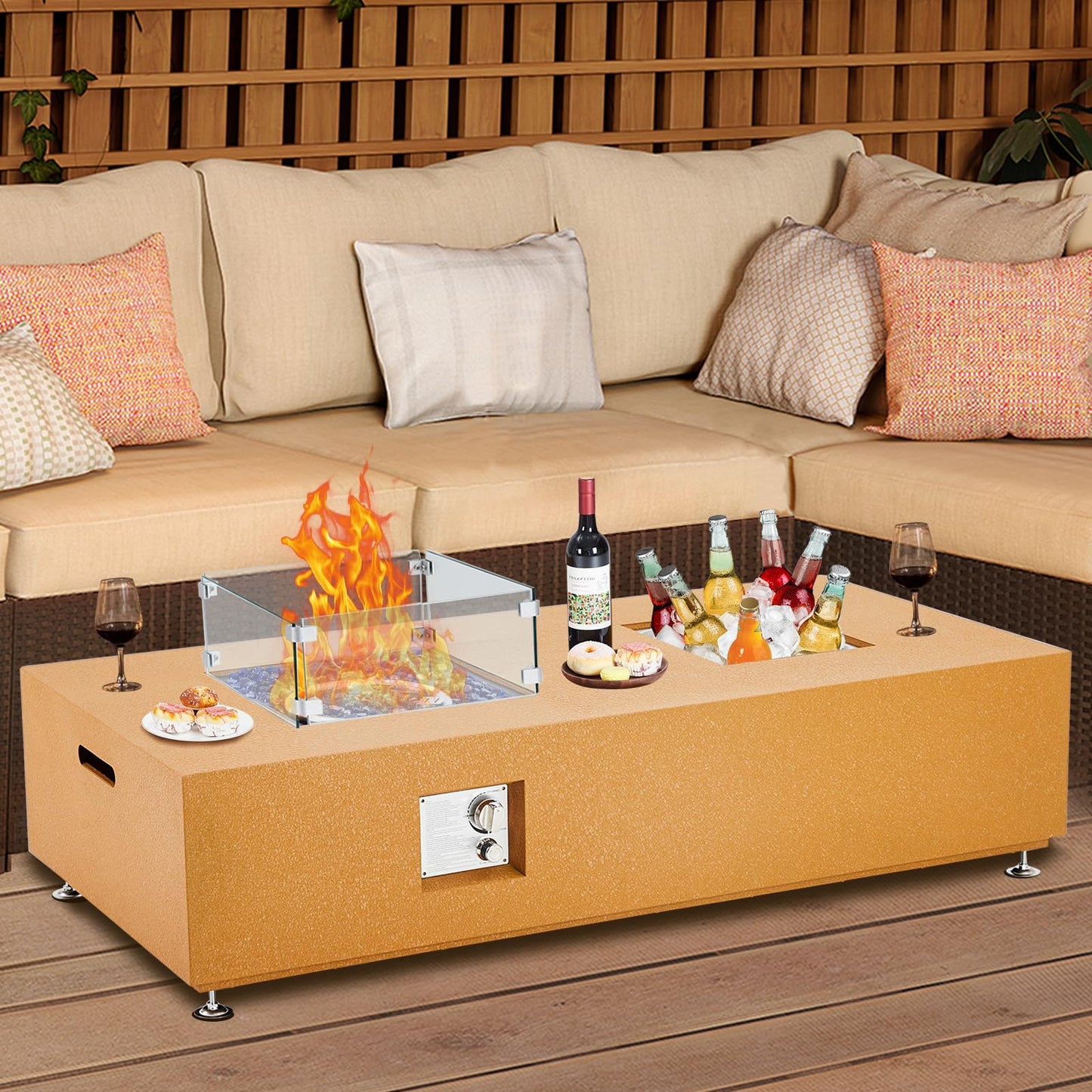 GarveeLife 56" Propane Fire Pit Table with Ice Bucket,50000BTU Fire Table with 13" Square Drink Ice Bucket Wind Guard, Fire Glass Beads & CSA Safety Certified Outdoor Firepit for Patio Garden(Orange)