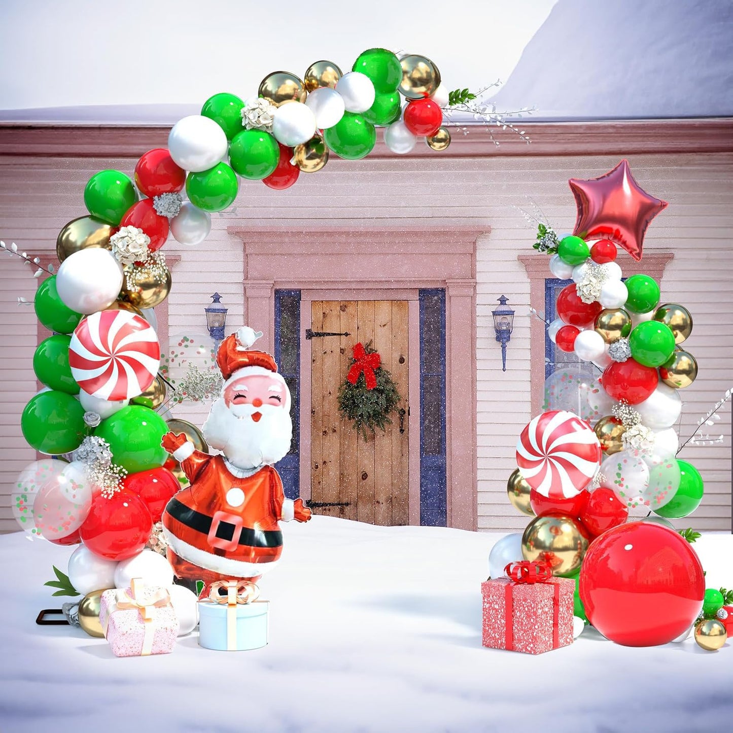 134 Pcs Christmas Balloon Garland kit, Green Red White Gold Balloons Garland Arch Kit, Xmas Candy Cane Foil Balloons Santa Claus Red Star Balloons for New Year Christmas Party Decorations Supply