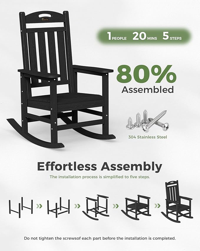 Oversized Outdoor Rocking Chairs Set of 4, High Back Porch Rocker Chair, HDPE All Weather Resistant Rocking Chairs for Patio, 380lbs Weight Capacity, Black