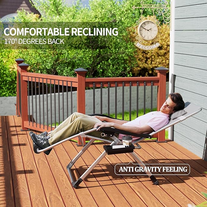 UDPATIO Oversized Zero Gravity Chair 29In XL Patio Reclining Chair with Cushion, Outdoor Folding Recliner with Pillows|Cup Holder|Foot Rest|Padded Headrest, Burgundy, Support 500LB