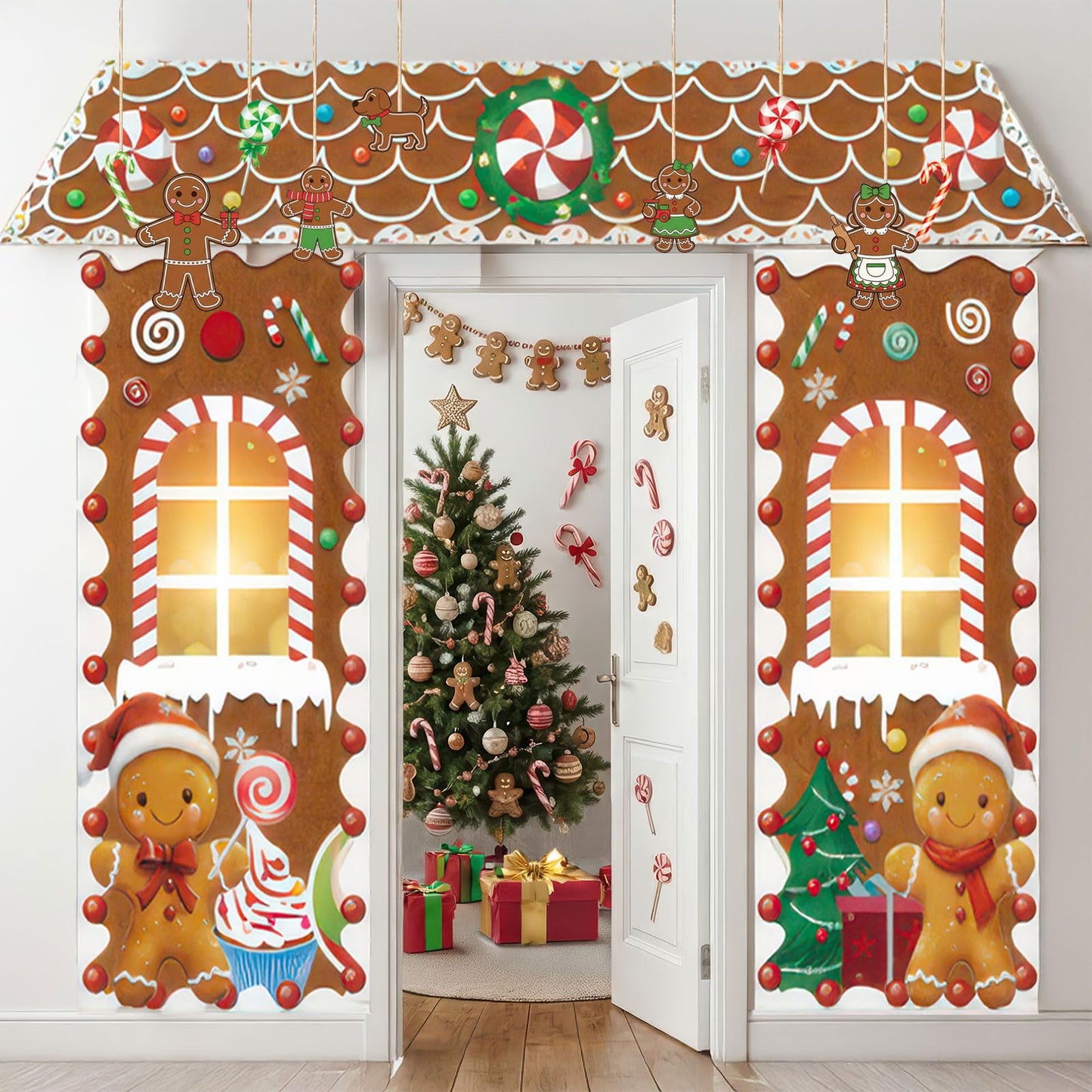 Christmas Gingerbread Door with Lights Cardboard Cover Decorations,Gingerbread House Candy Porch Banner Sign for Xmas Holiday Classroom Office Home Party Decor