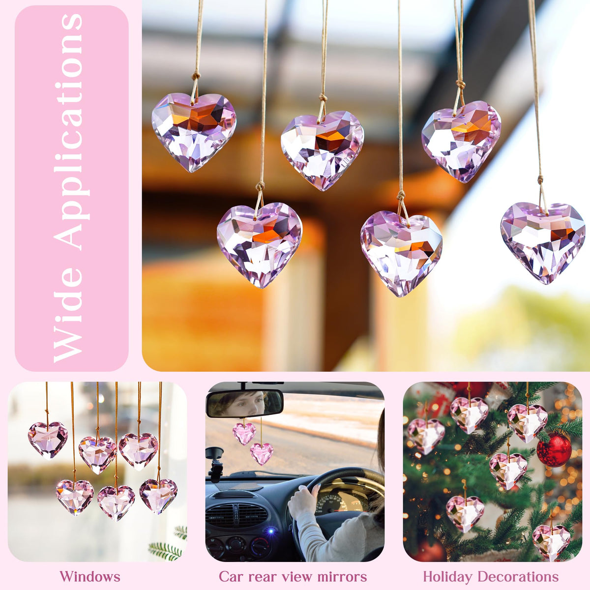 H&D HYALINE & DORA 6pcs Pink Heart Crystal Ornaments Valentine's Day Heart Shaped Ornaments Rainbow Hanging Crystals Ornament Pendant for Window, Wedding Decoration