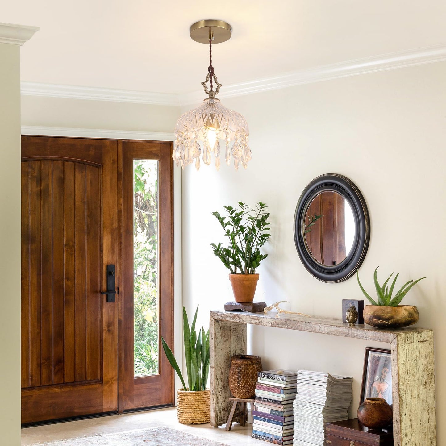 Bgfeoa Pendant Light with Glass Shade, Vintage Chandeliers 7.87 Inch E26 Base, Crystal Hanging Light Fixtures for Kitchen Island, Living Room, Dining Room 1 Light(Bulb Not Included)