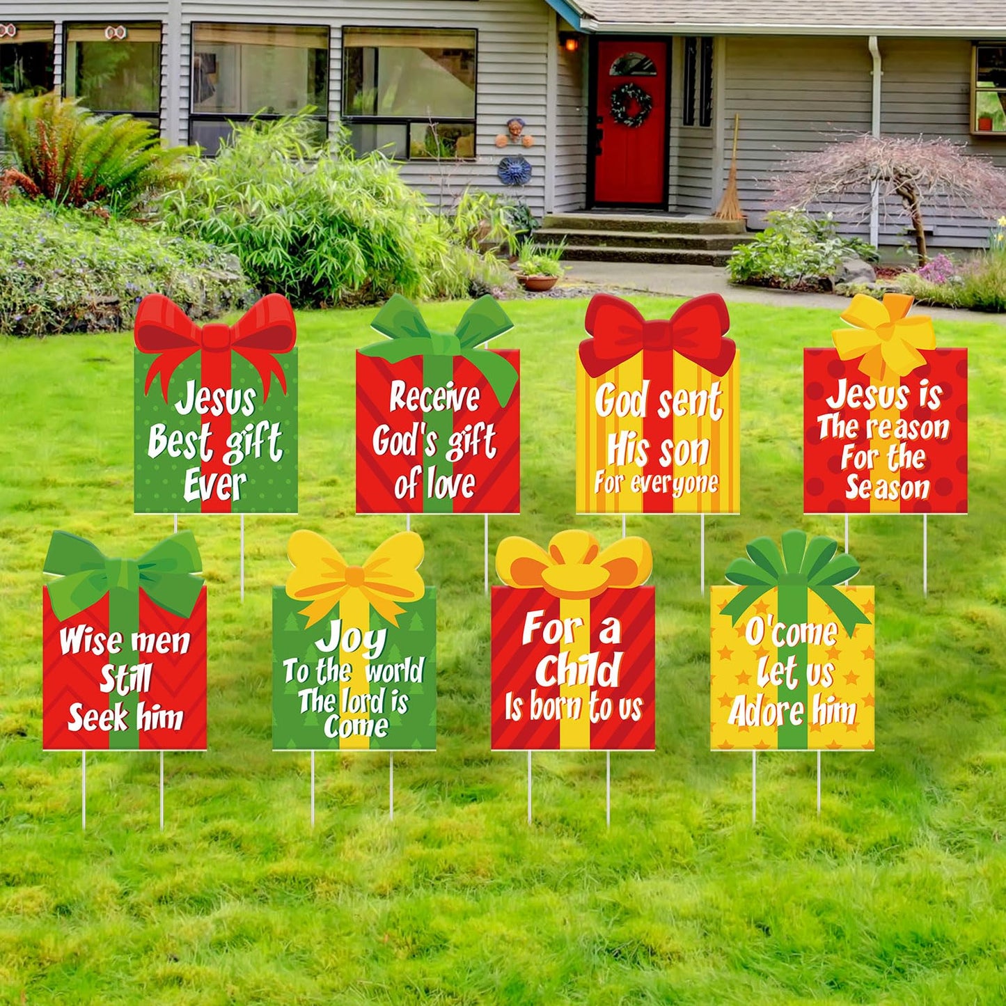 Suzile 8 Pcs Christmas Nativity Yard Signs with Stakes - Religious Gift Box Decorations - Jesus Is the Reason Lawn Ornament Sign for Church, Home, Inside & Outdoor Decoration