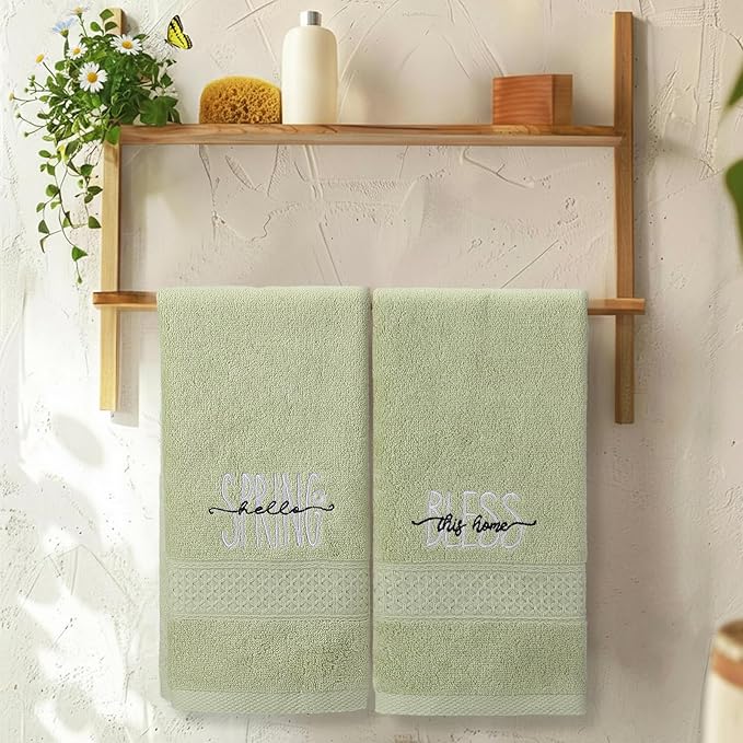 2 Pcs Hello Spring Hand Towels Gray Green Bathroom Decor 14x29 Inch 100% Cotton